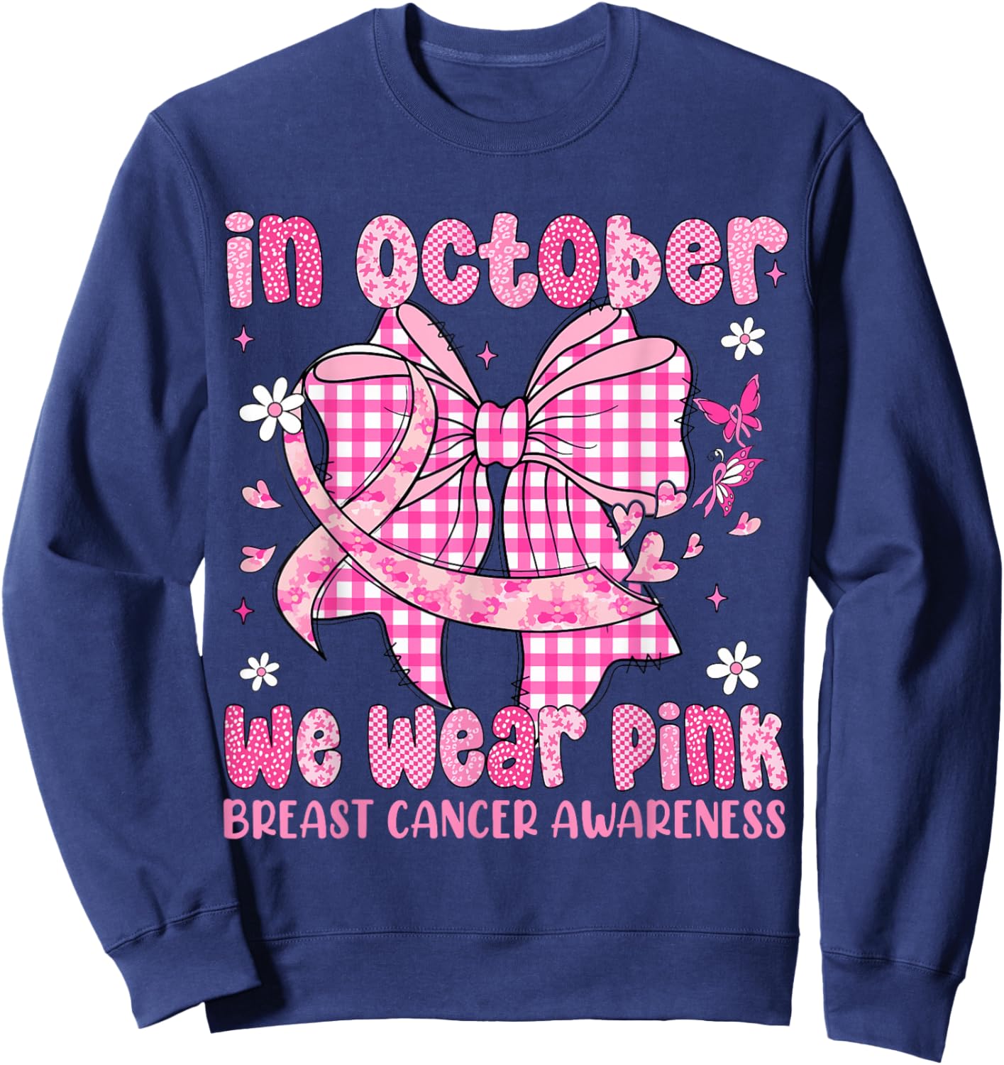 in October We Wear Pink Coquette Bow Breast Cancer Month Sweatshirt - Sweatshirt | Navy