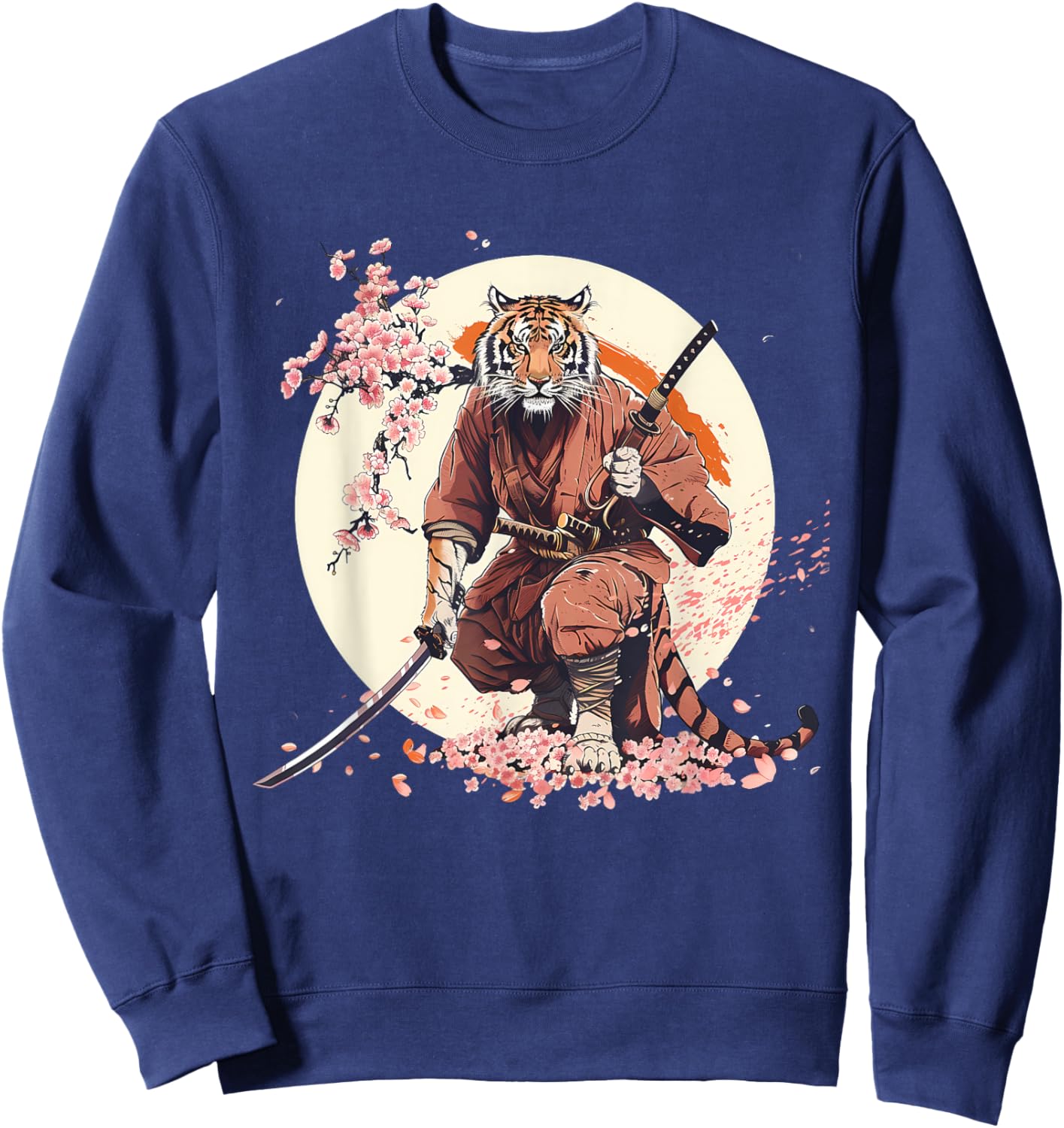 Samurai Tiger Sakura Tree Floral Anime Japanese Ninja Tiger Sweatshirt - Sweatshirt | Navy