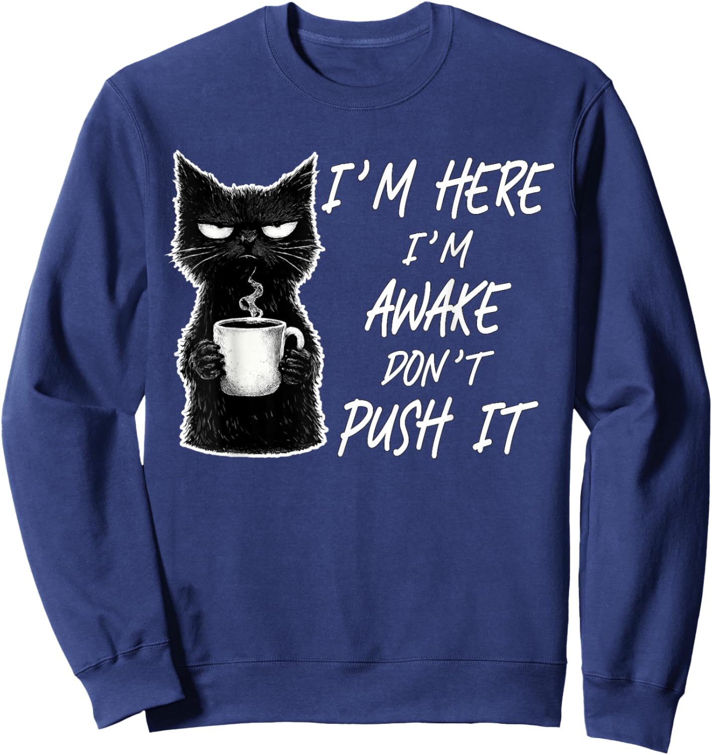 Funny I'm Here I'm Awake Don't Push It Sarcastic Cat Meme Sweatshirt - Sweatshirt | Navy