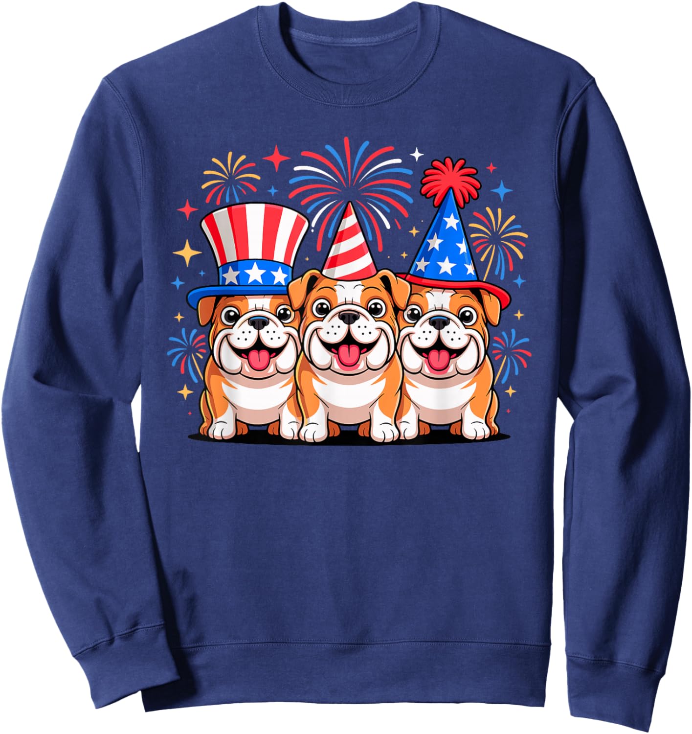 Fourth of July Bulldog Trio Patriotic Fireworks Sweatshirt - Sweatshirt | Navy