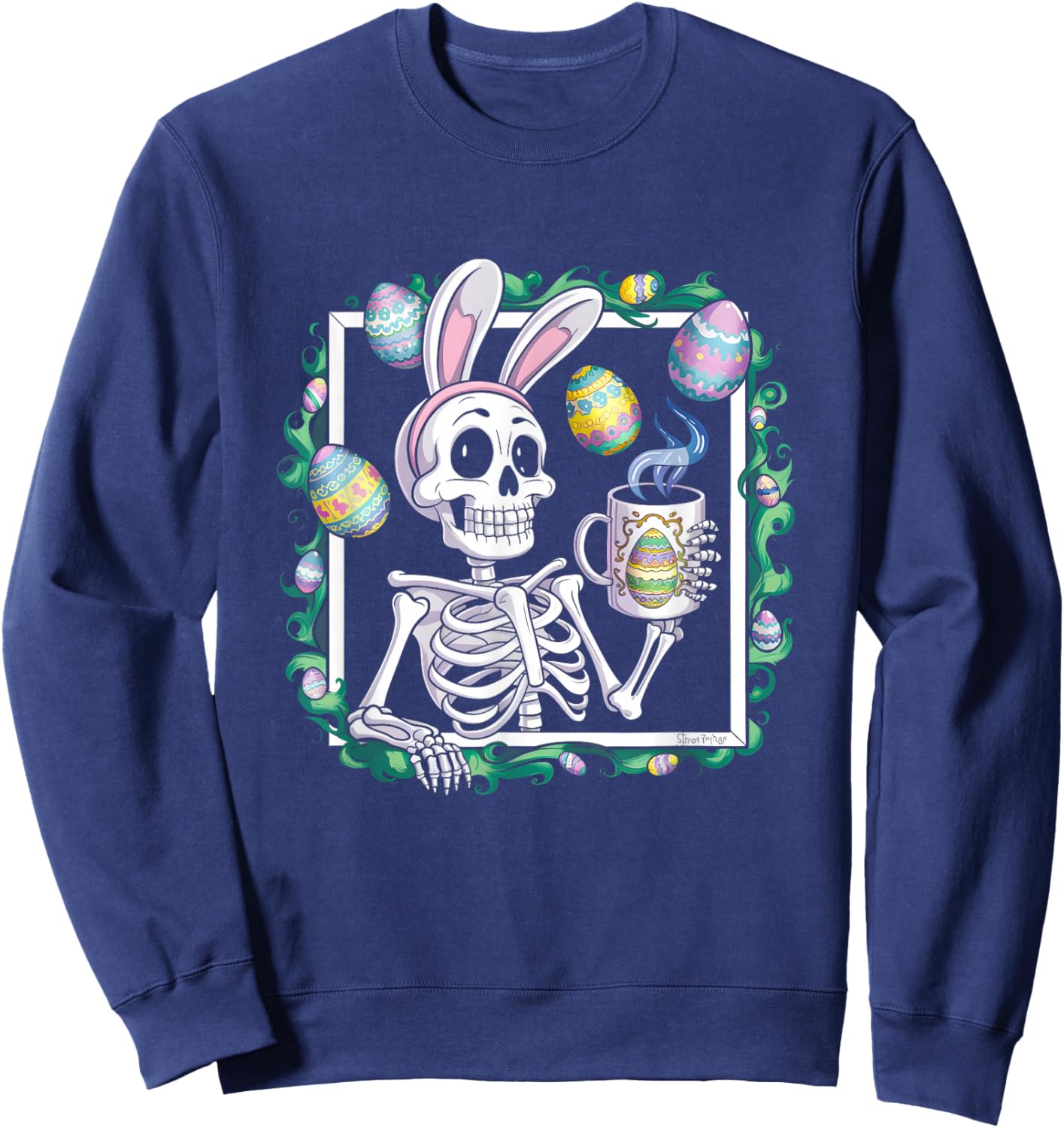Happy Easter Skeleton Wearing Bunny Ear Drink Coffee Eggs Sweatshirt - Sweatshirt | Navy