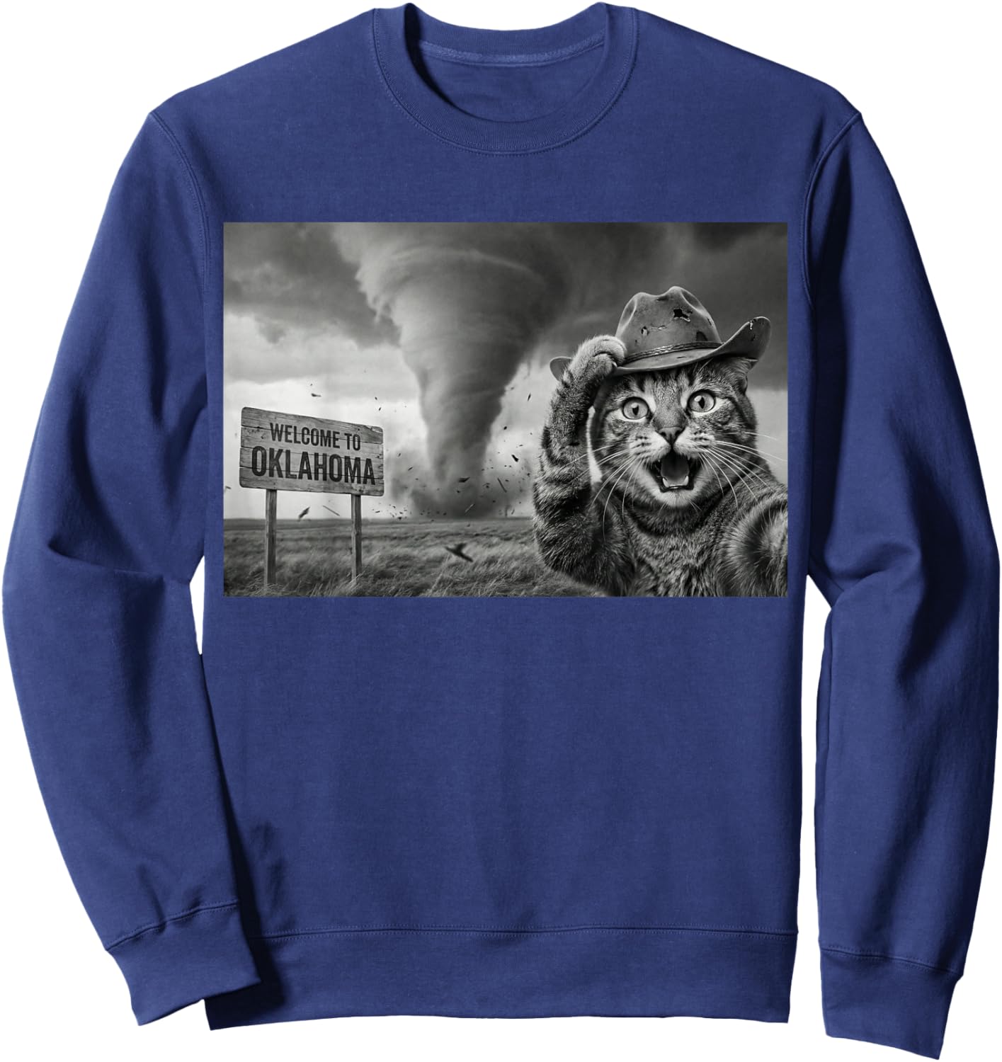 Funny Cat Selfie Tornado Oklahoma Storm Chaser Cowboy Hat Sweatshirt - Sweatshirt | Navy