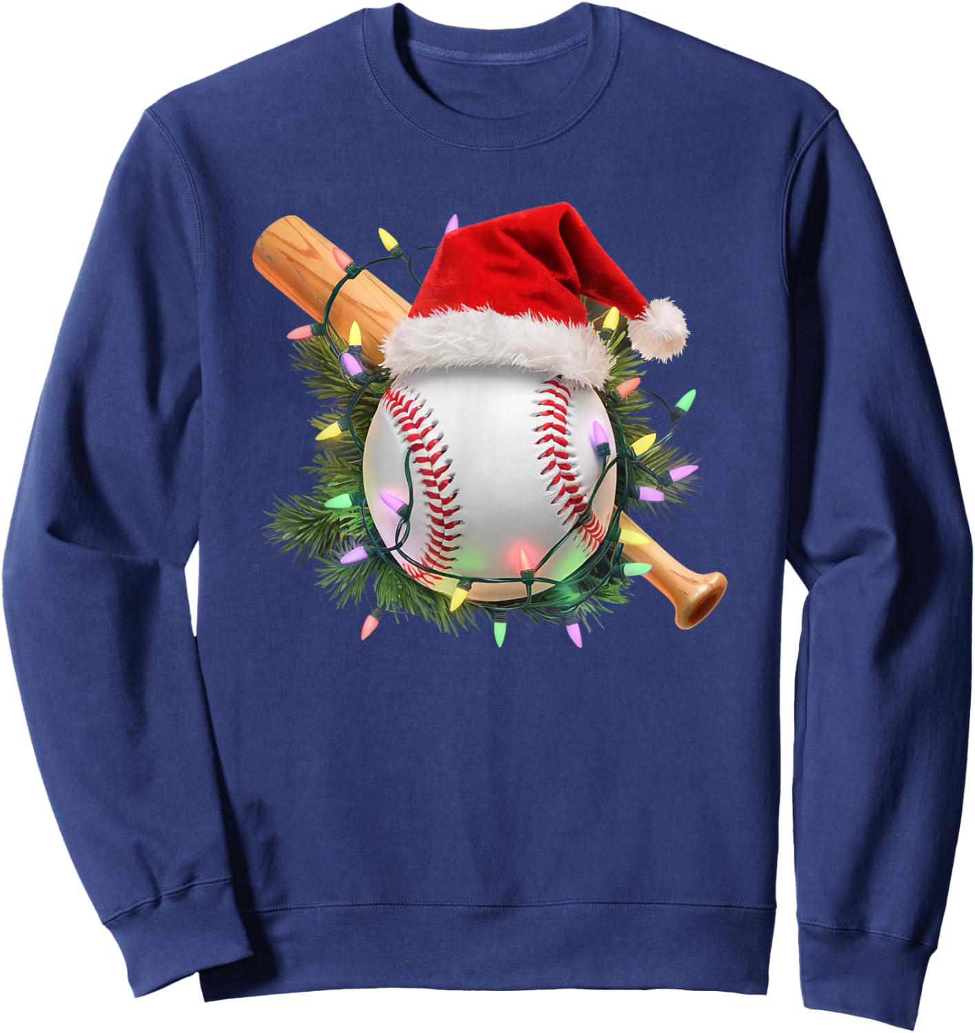 Christmas Baseball Santa Hat Holiday Lights Sports Fans Sweatshirt - Sweatshirt | Navy