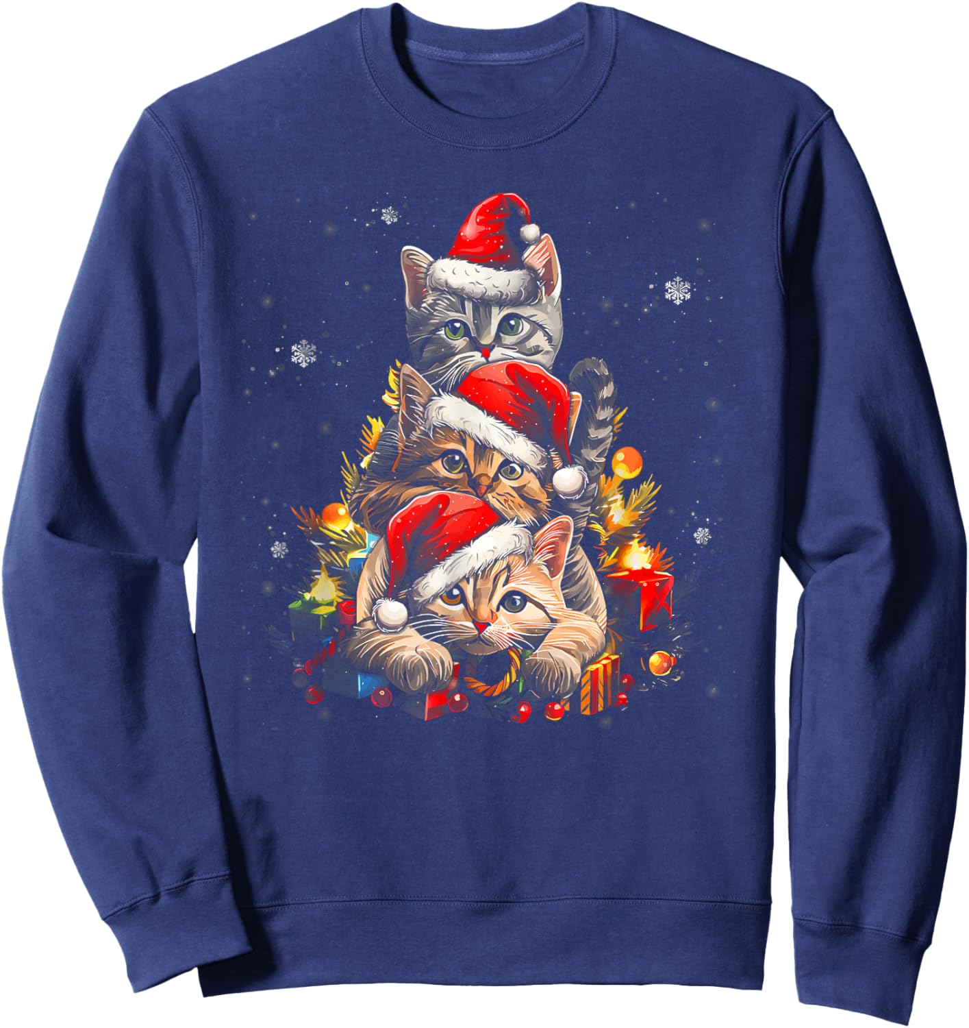 Cat Christmas Light Reindeer Santa Christmas Cat Lover Sweatshirt - Sweatshirt | Navy