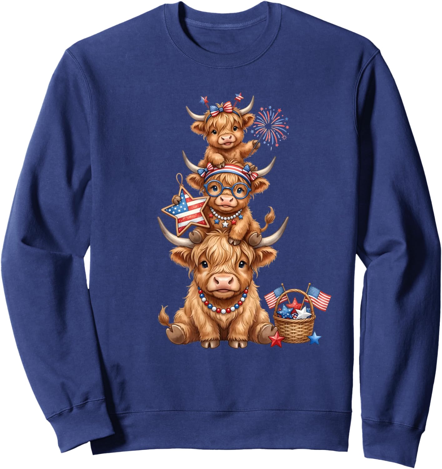 Cute Highland Cow 4th of July Patriotic American Flag Sweatshirt - Sweatshirt | Navy