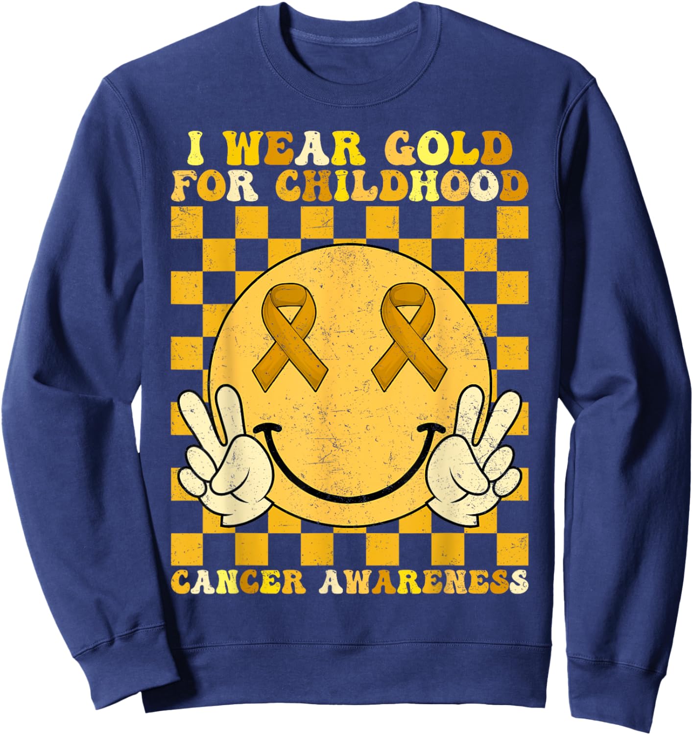 Groovy I Wear Gold For Childhood Cancer Awareness Smile Face Sweatshirt - Sweatshirt | Navy