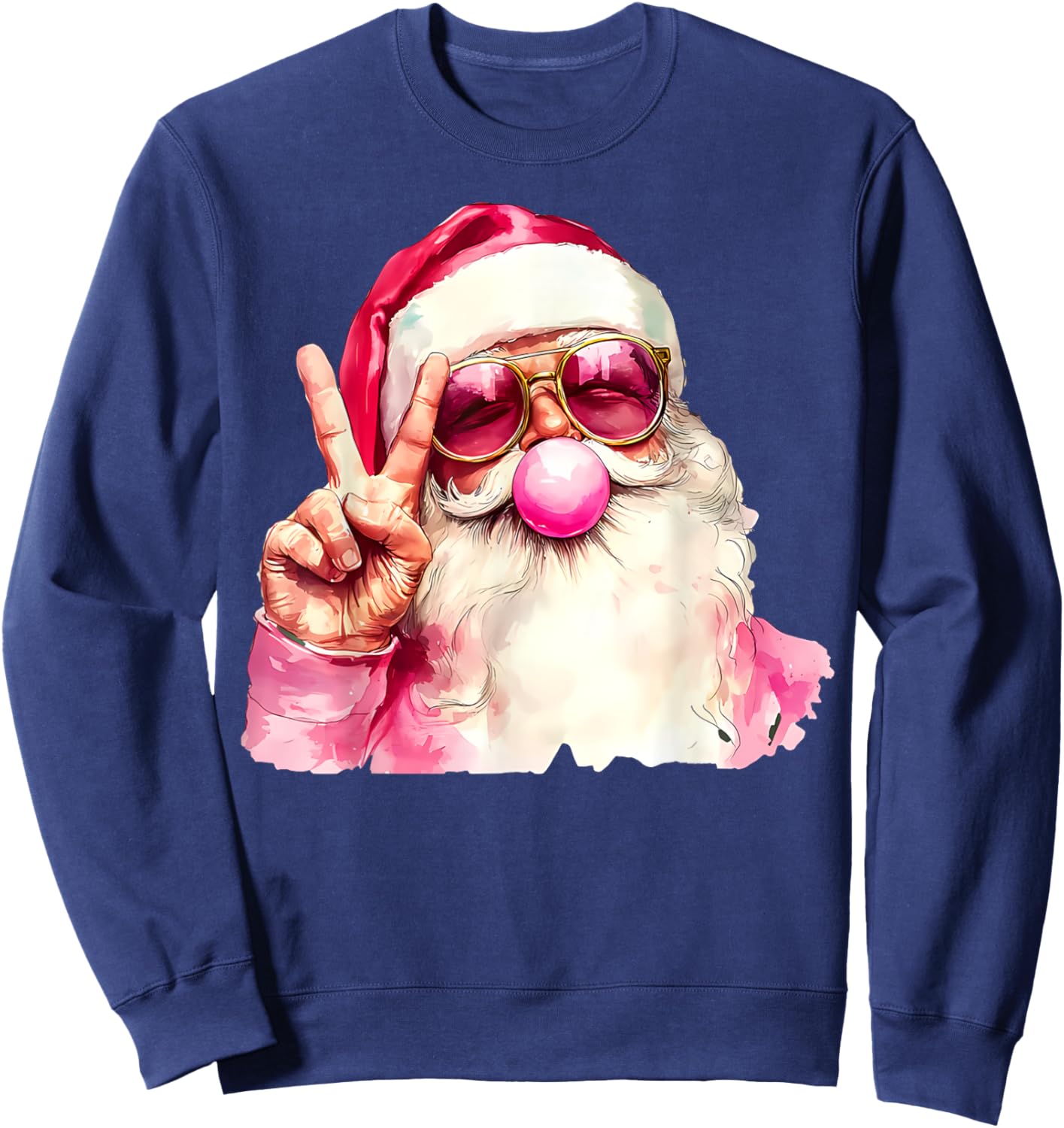 Santa Claus Blowing Bubble Gum Pink Sunglasses Christmas Sweatshirt - Sweatshirt | Navy