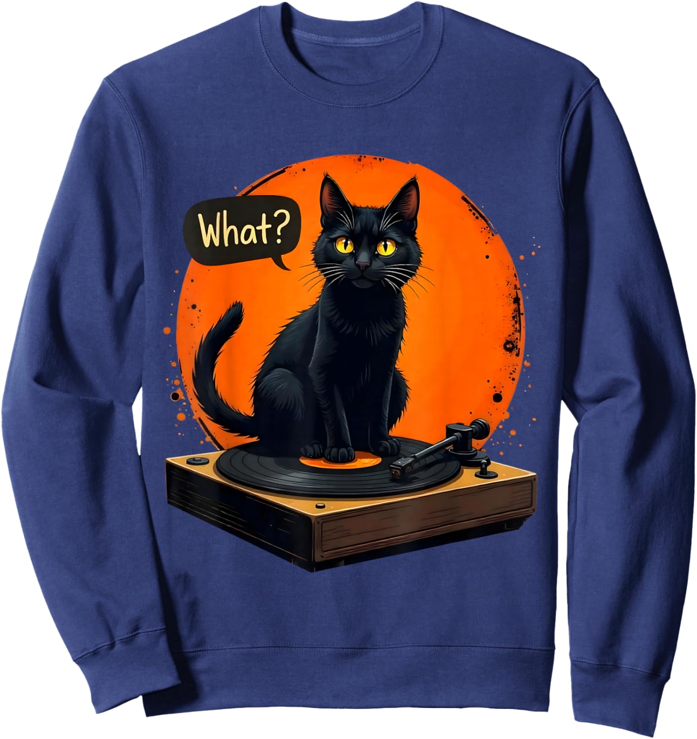 Black Cat Sitting On Vinyl Record Turntable Player Men Women Sweatshirt - Sweatshirt | Navy