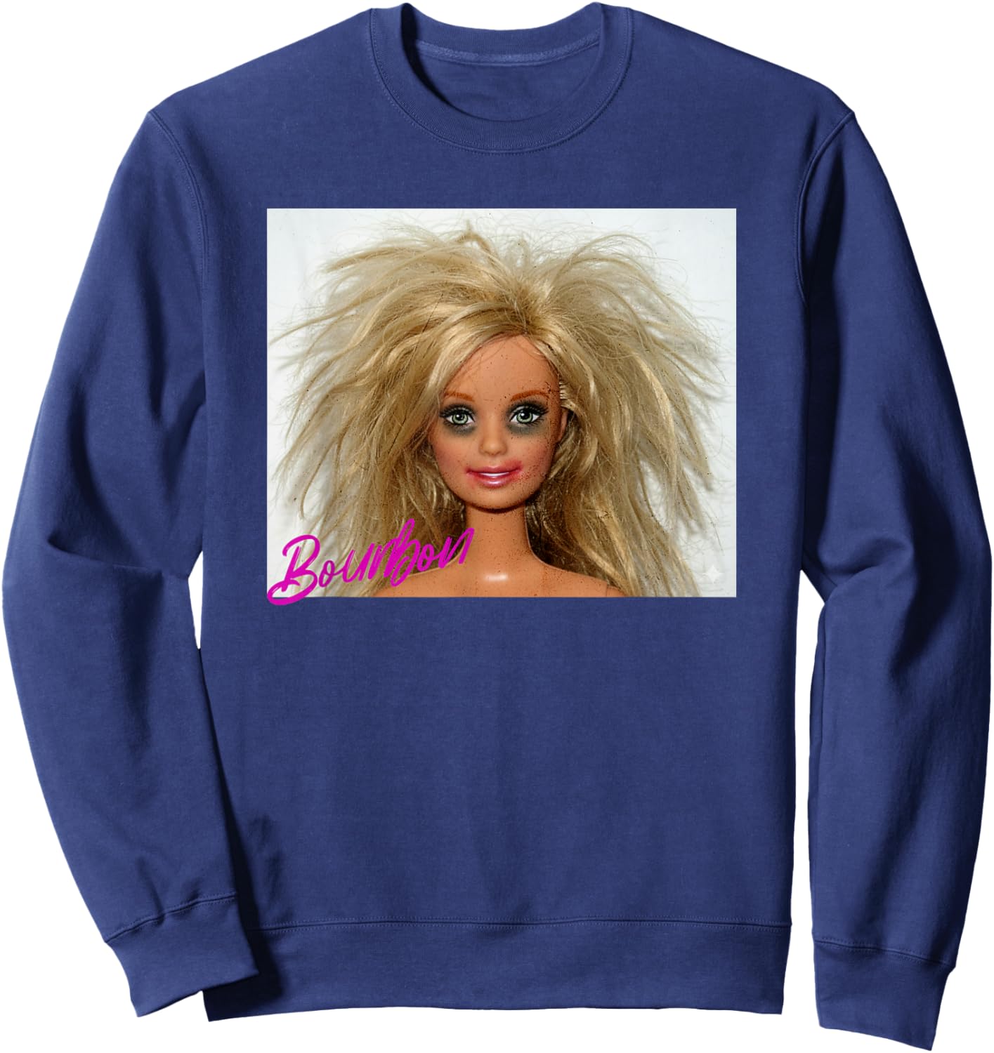 New Funny Distressed Doll Face Meme, Bourbon Sweatshirt - Sweatshirt | Navy