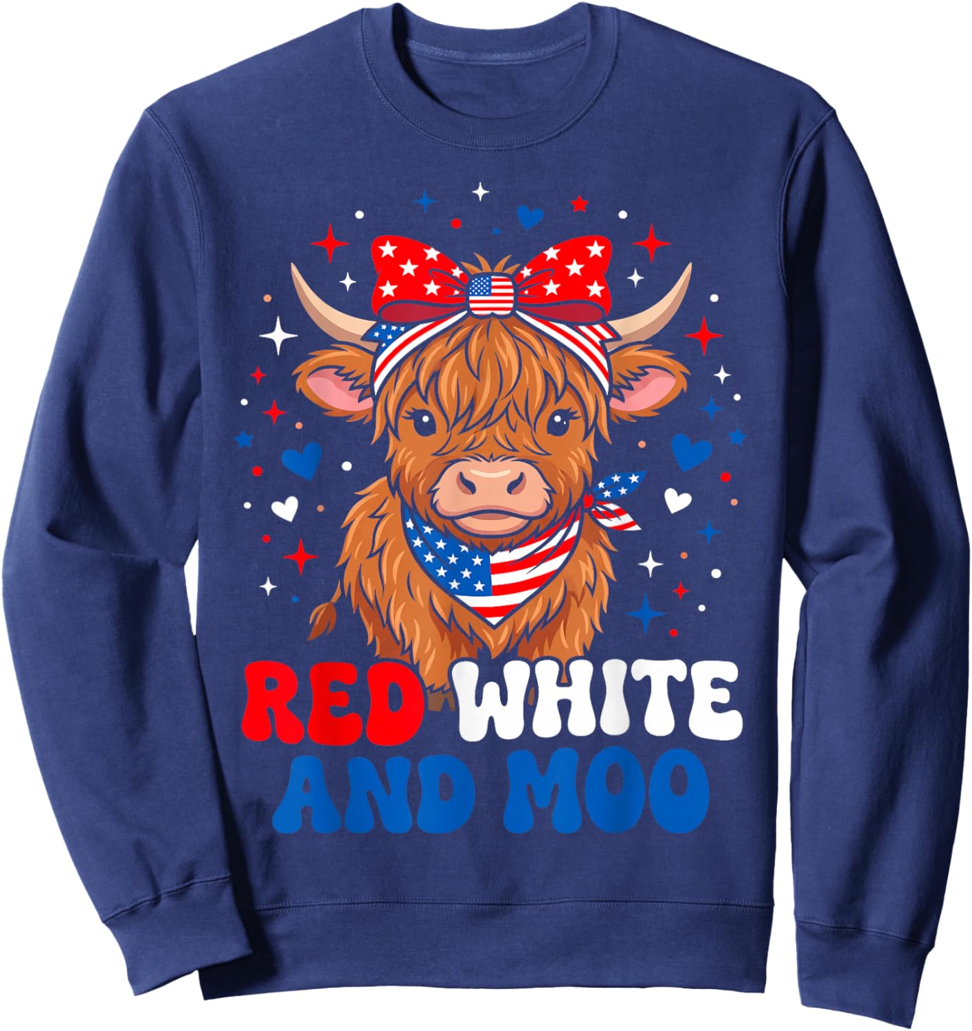 Red White and Moo Cute Patriotic Fluffy Cow 4th of July Sweatshirt - Sweatshirt | Navy
