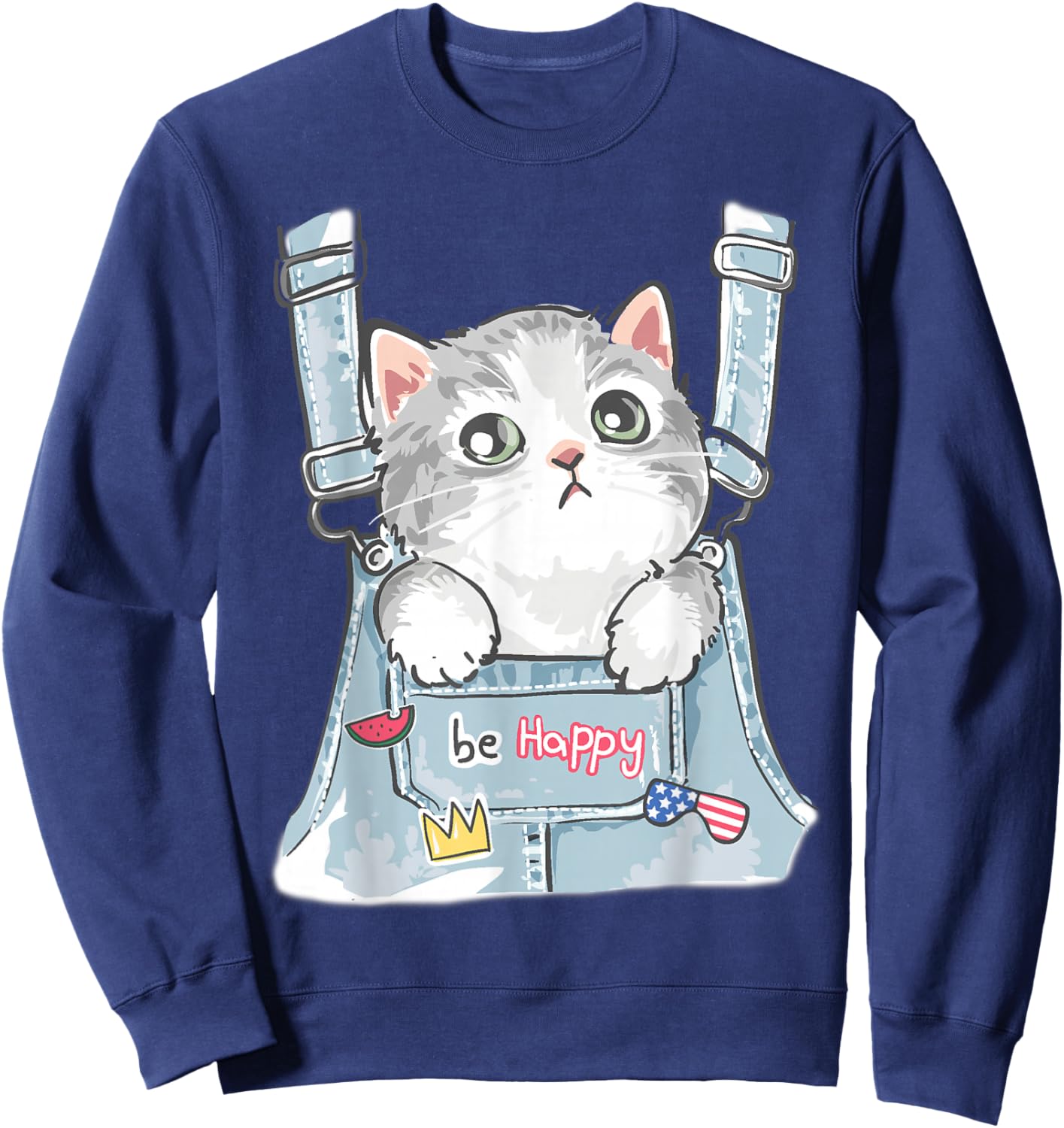 Cute Cat Fake Overalls Cat Lovers Kids Toddler Girl Teen Sweatshirt - Sweatshirt | Navy