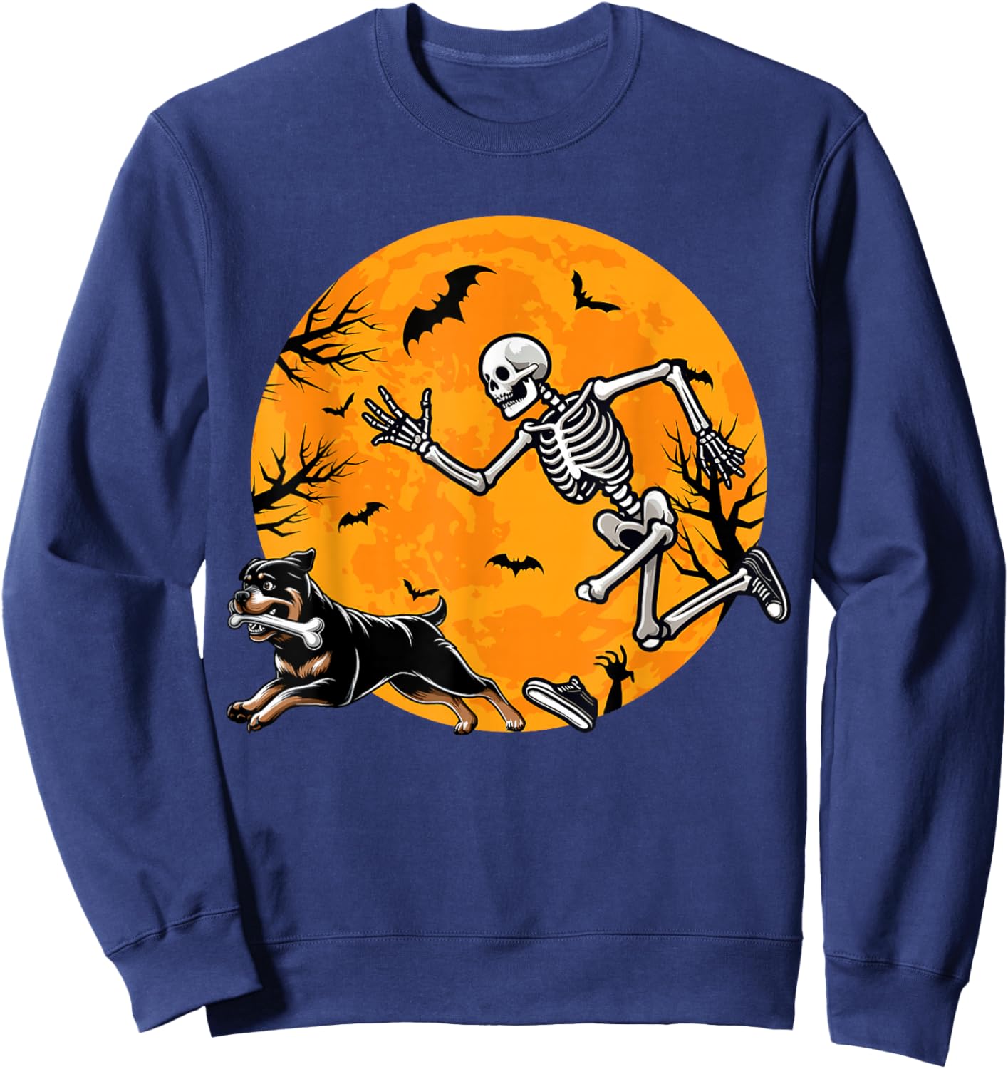 Halloween Dog Skeleton Chasing Dog Halloween Rottweiler Sweatshirt - Sweatshirt | Navy