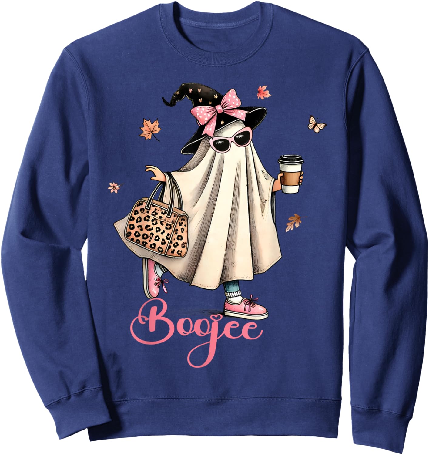 Boo Jee Ghost Drinking Coffee Coquette Bow Halloween Women Sweatshirt - Sweatshirt | Navy