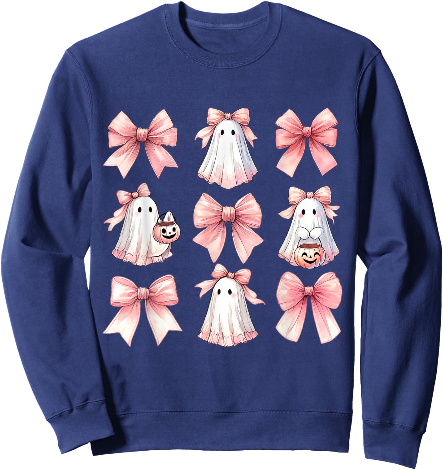 Cute Ghost Florals Pink Coquette Bows Pumpkins Halloween Sweatshirt - Sweatshirt | Navy
