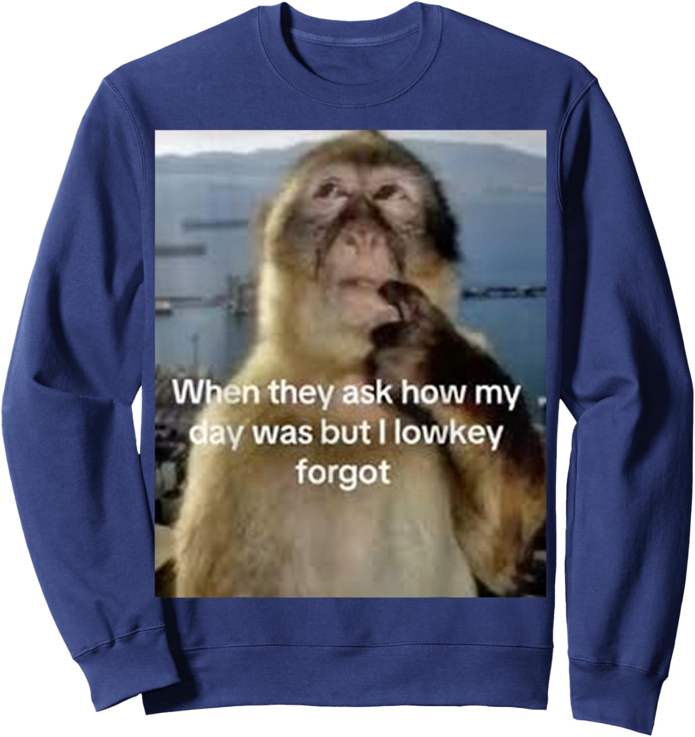 Funny Thinking Monkey Animal Graphic Cute Meme Sweatshirt - Sweatshirt | Navy