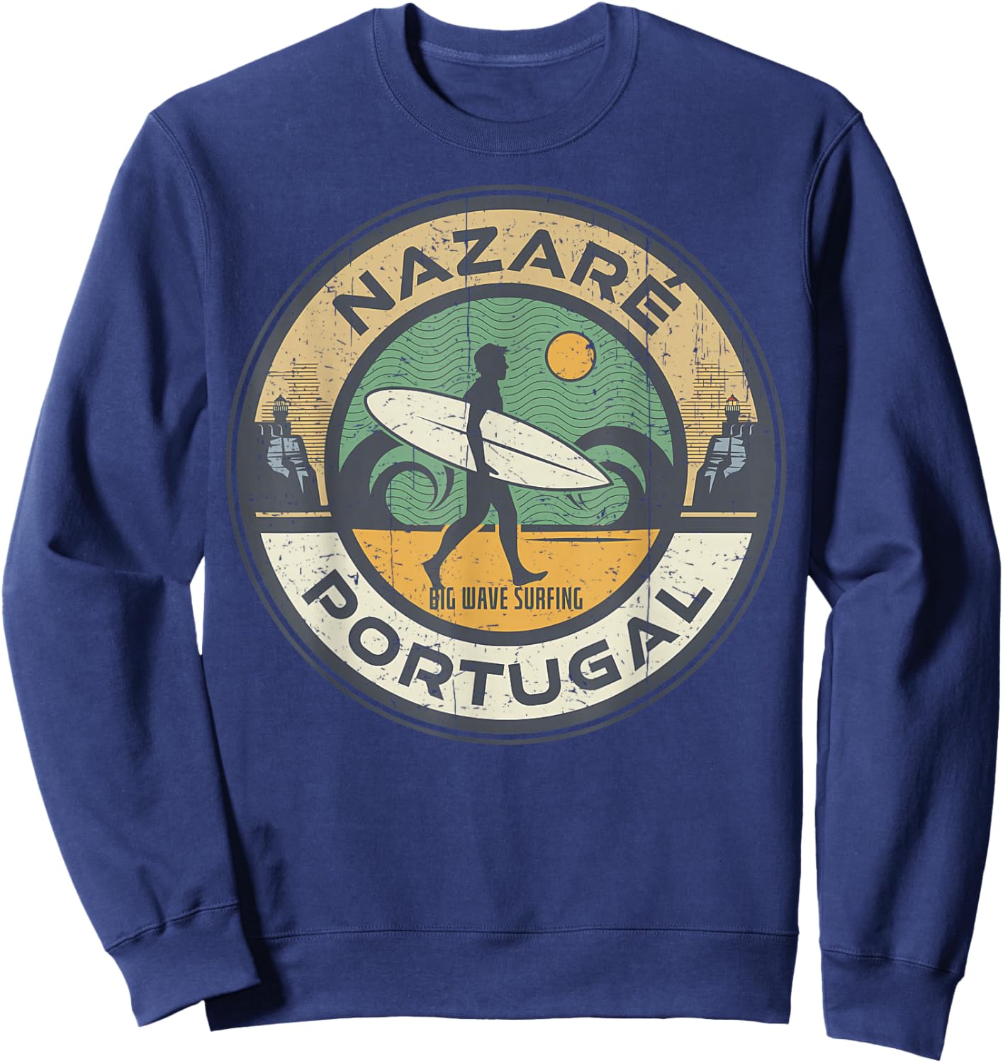 Vintage Nazare Portugal Beach Vintage Retro Surfing Sweatshirt - Sweatshirt | Navy