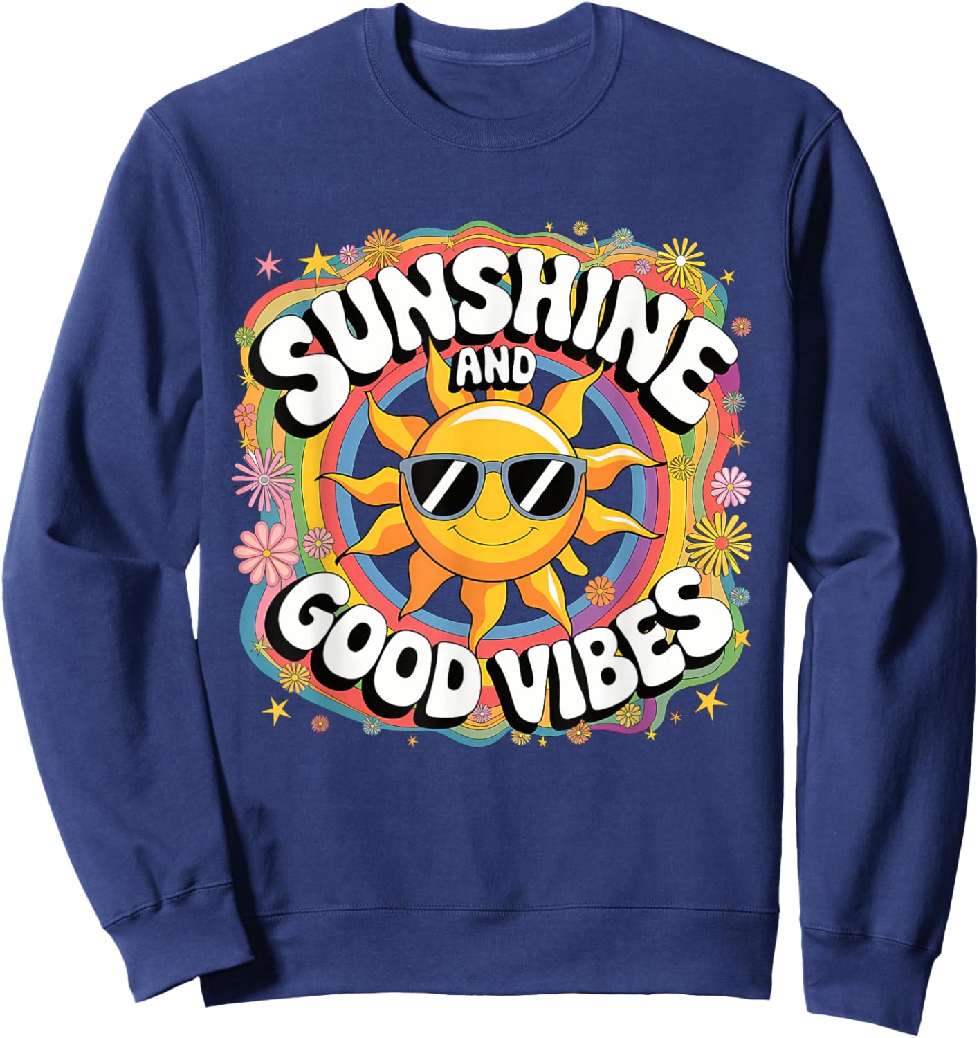 Retro Sunshine Summer 70s Aesthetic Sunflower Rainbow Boho Sweatshirt - Sweatshirt | Navy