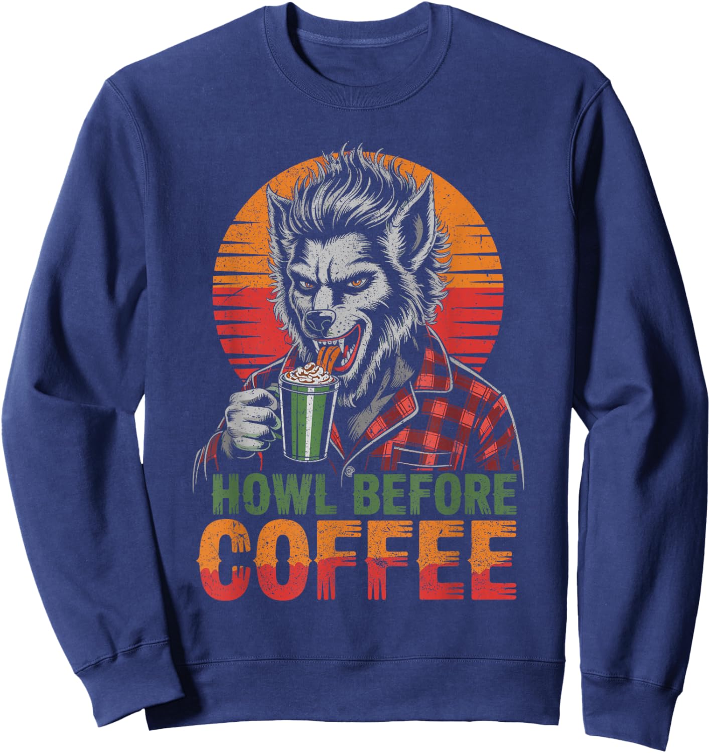 Werewolf Drinking Coffee with Sunset Scary Halloween Sweatshirt - Sweatshirt | Navy