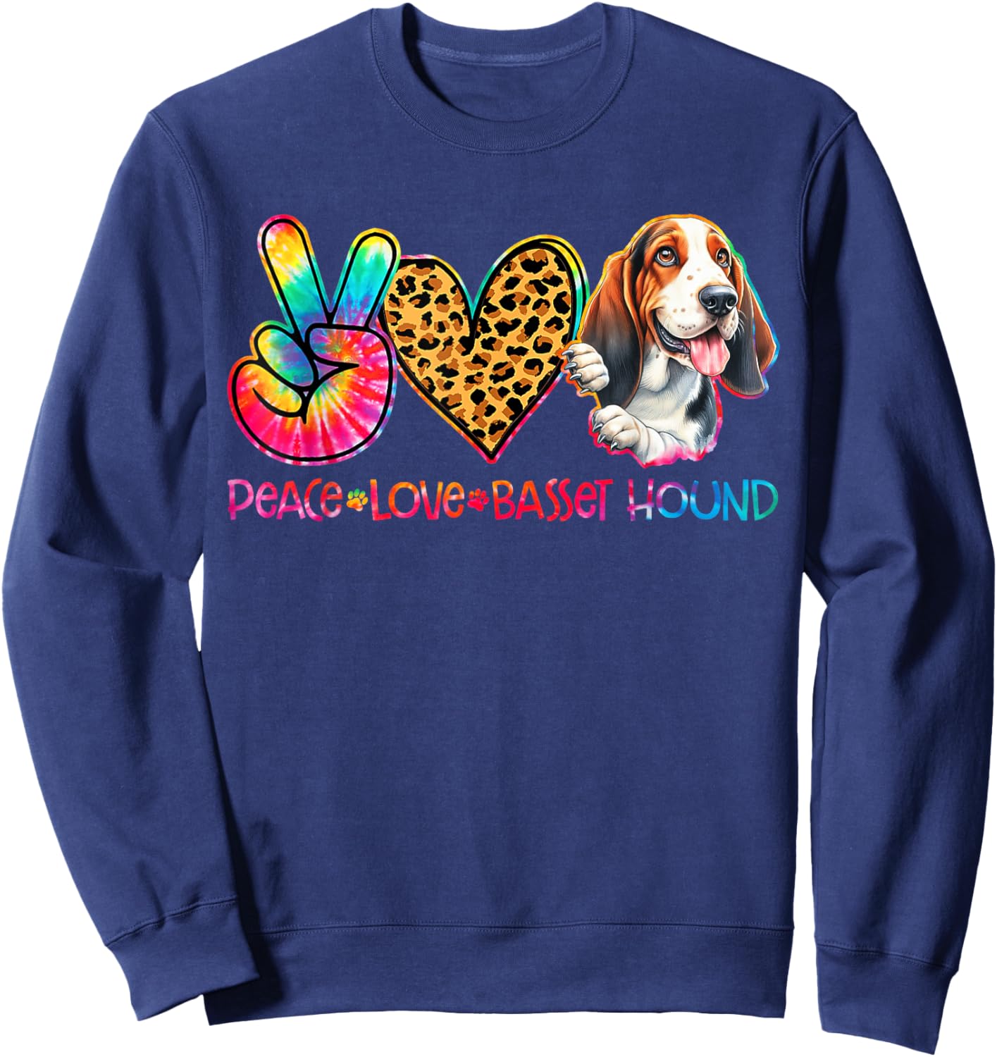 Peace Love Basset Hound Tie Dye Dog Lover Women Kids Sweatshirt - Sweatshirt | Navy