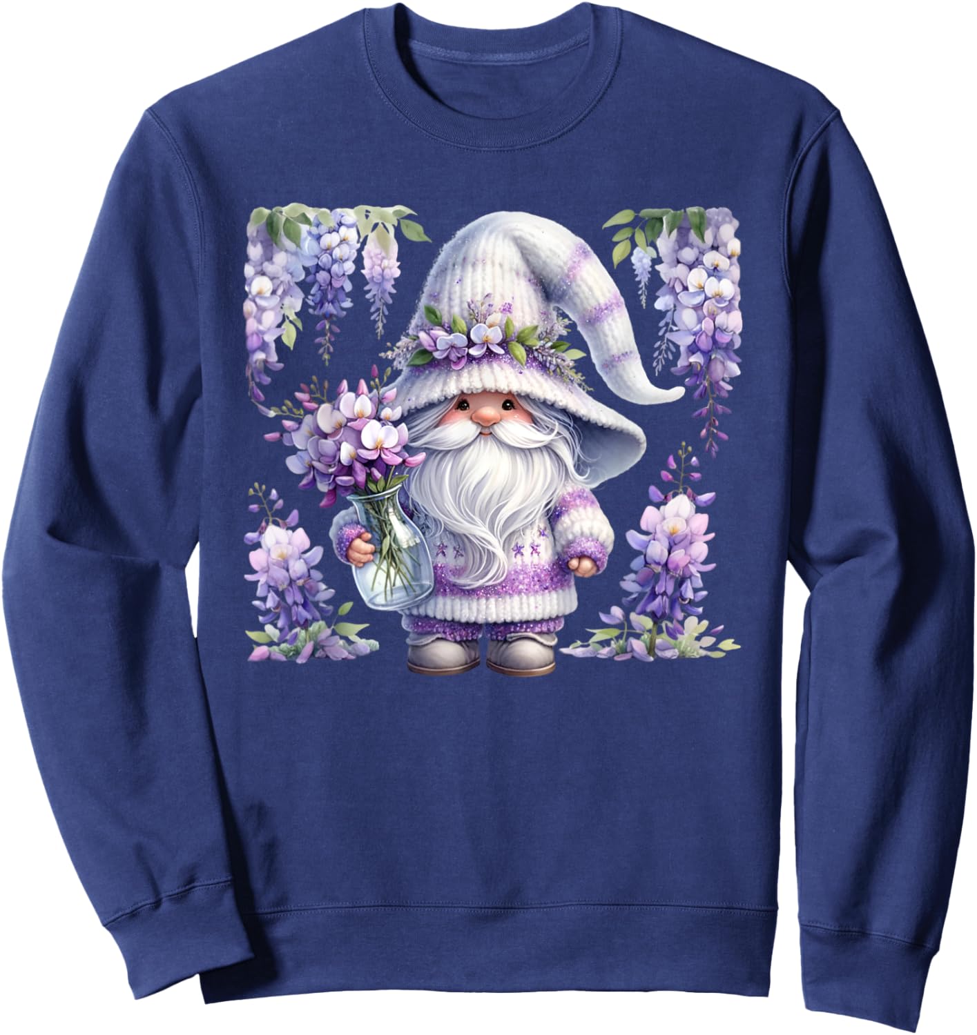 Purple Wisteria Flowers For Mom Cute Gardening Gnome Floral Sweatshirt - Sweatshirt | Navy