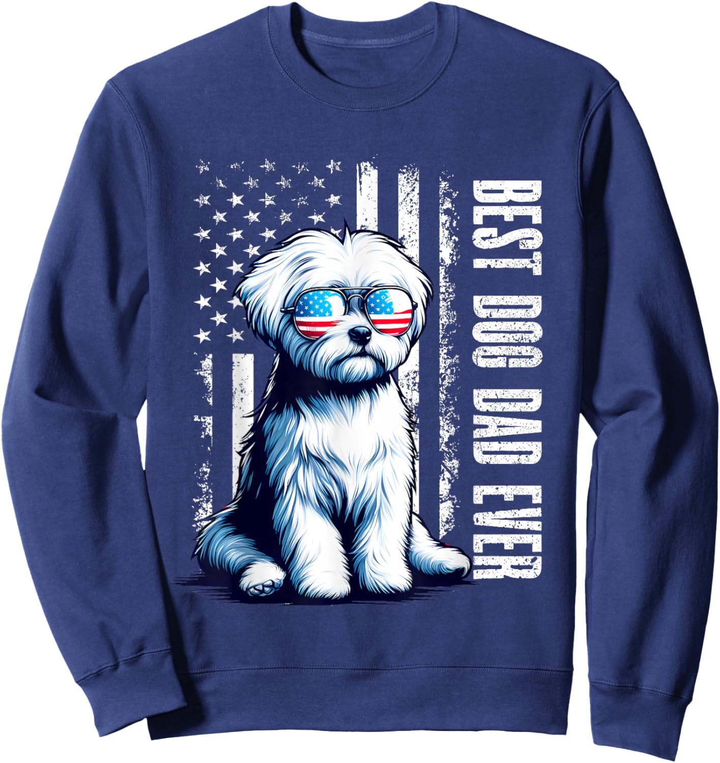 Vintage Best Dog Dad Ever Maltese Dog American Flag Outfit Women Sweatshirt - Sweatshirt | Navy