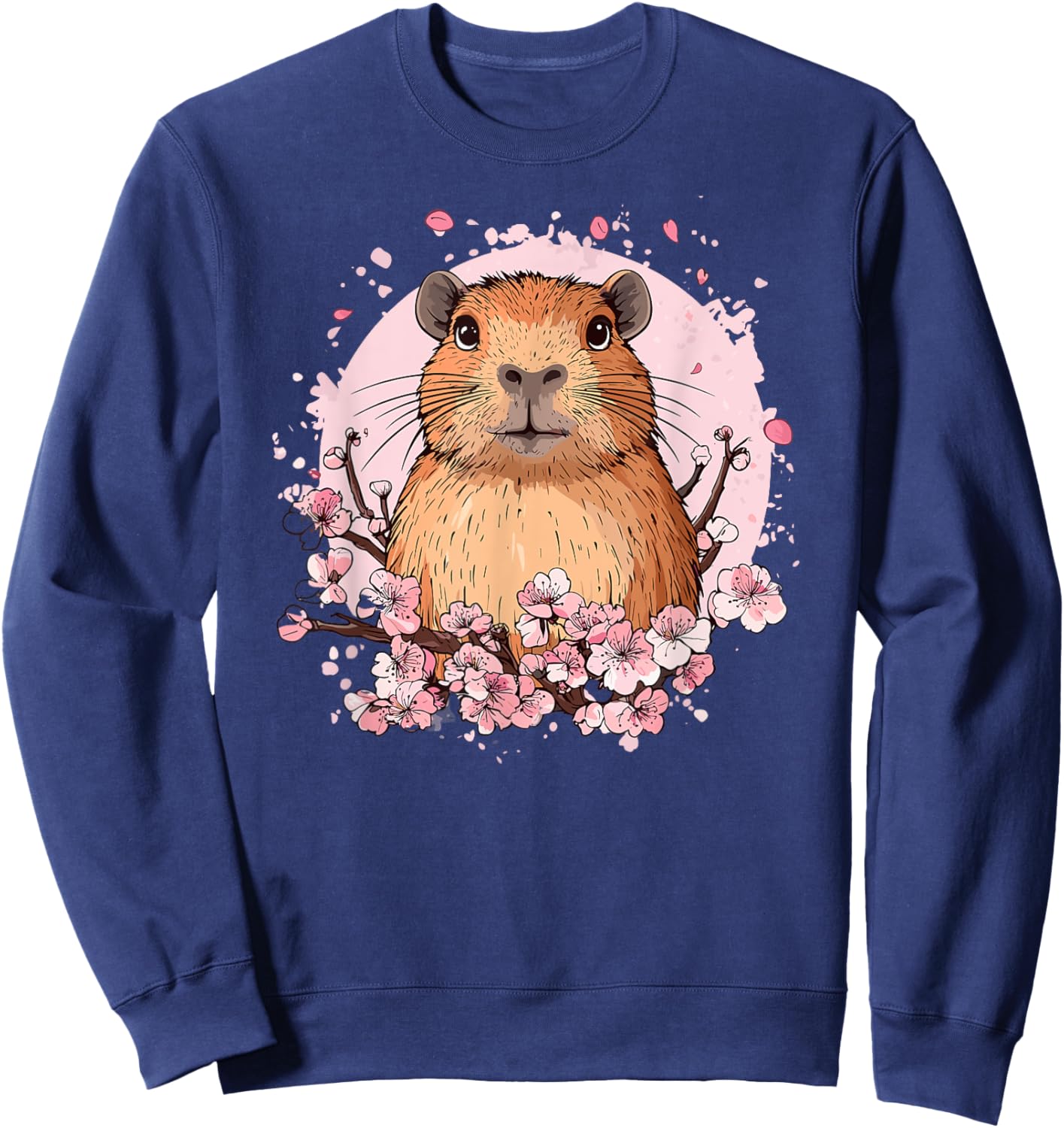 Capybara Surrounded by Pink Cherry Blossoms Sweatshirt - Sweatshirt | Navy