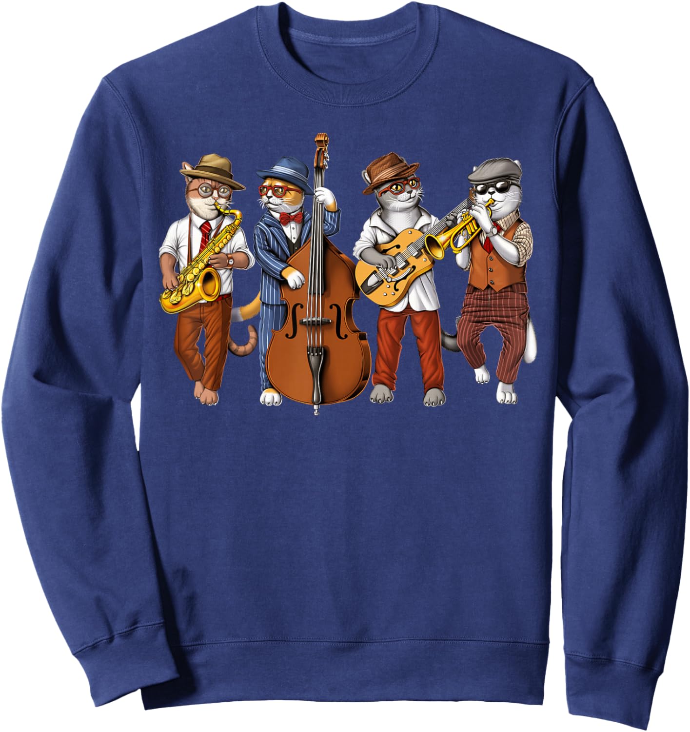 Cat Saxophone Player Jazz Musician Trumpet Double Bass Sweatshirt - Sweatshirt | Navy