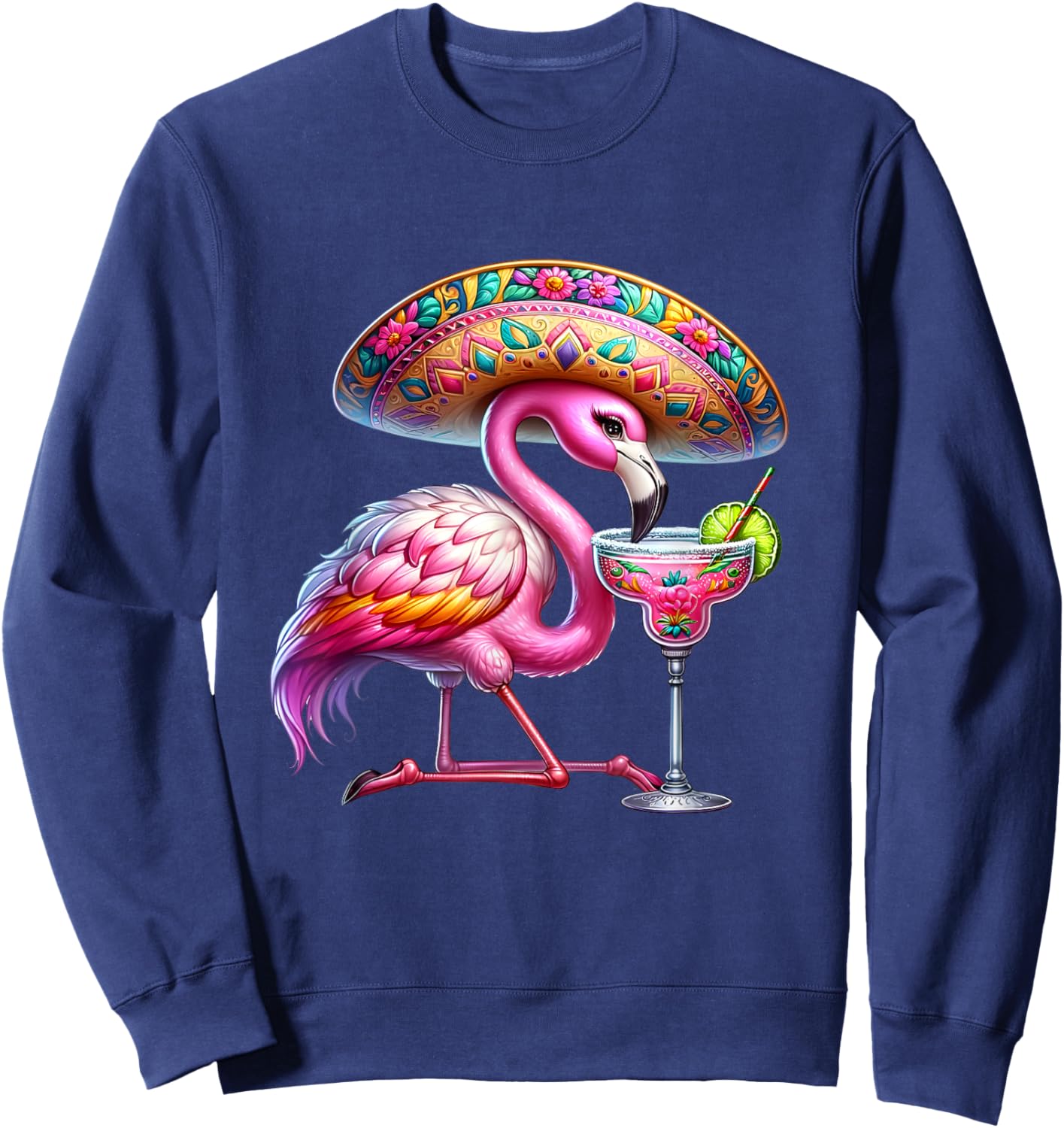 Pink Flamingo Drinking Margarita Cute Flamingo Cinco De Mayo Sweatshirt - Sweatshirt | Navy