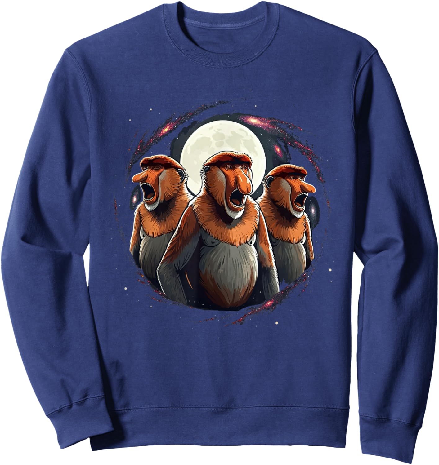 3 Proboscis Monkeys Moon Howling Funny Meme Men Women Kids Sweatshirt - Sweatshirt | Navy