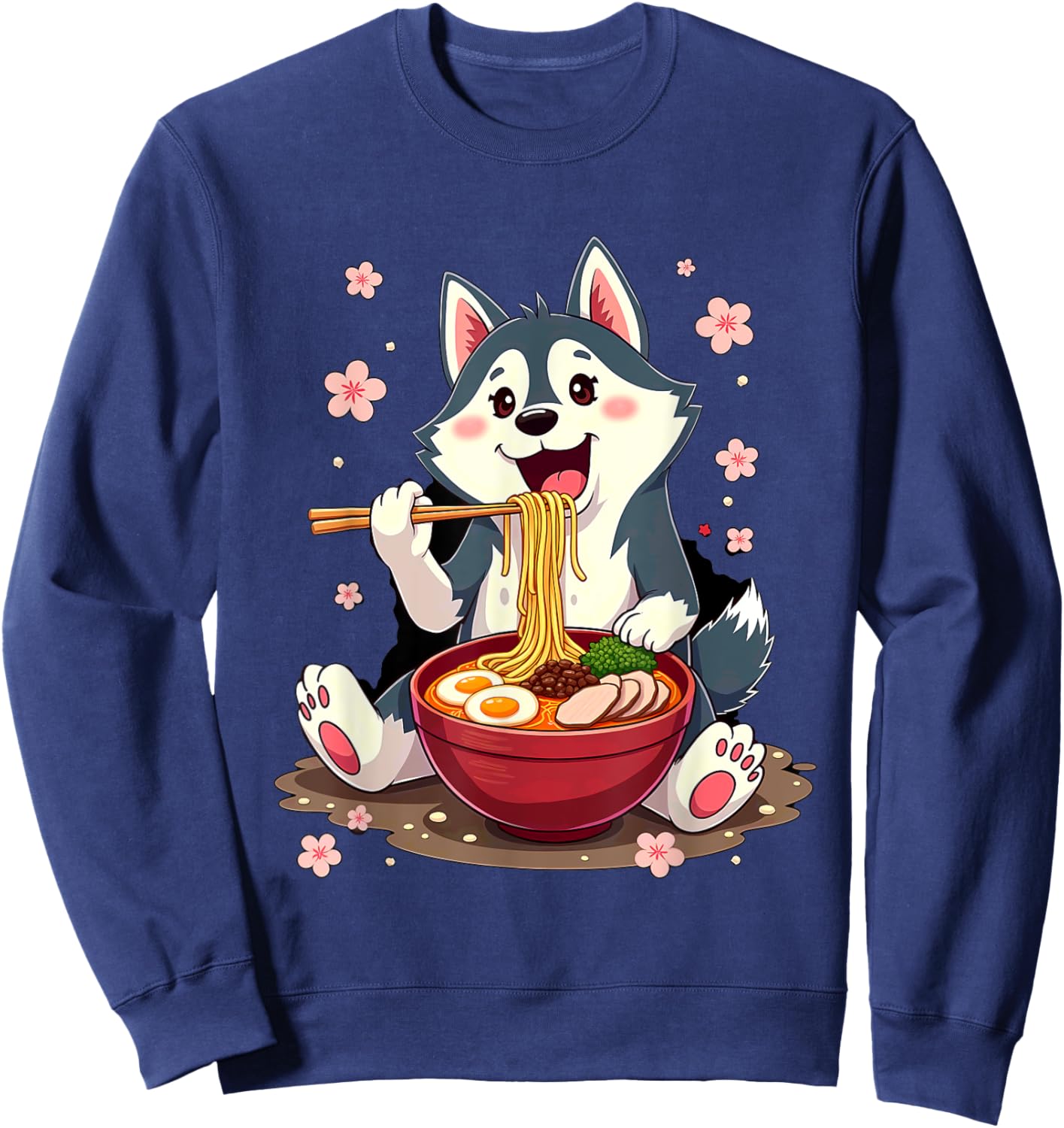 Otaku Husky Dog Ramen Noodles -Adult Anime Manga Kawaii Husky Dog Eating Ramen Black Small Classic Fit Short Sleeve Cotton Blend Machine Wash Sweatshirt - Sweatshirt | Navy