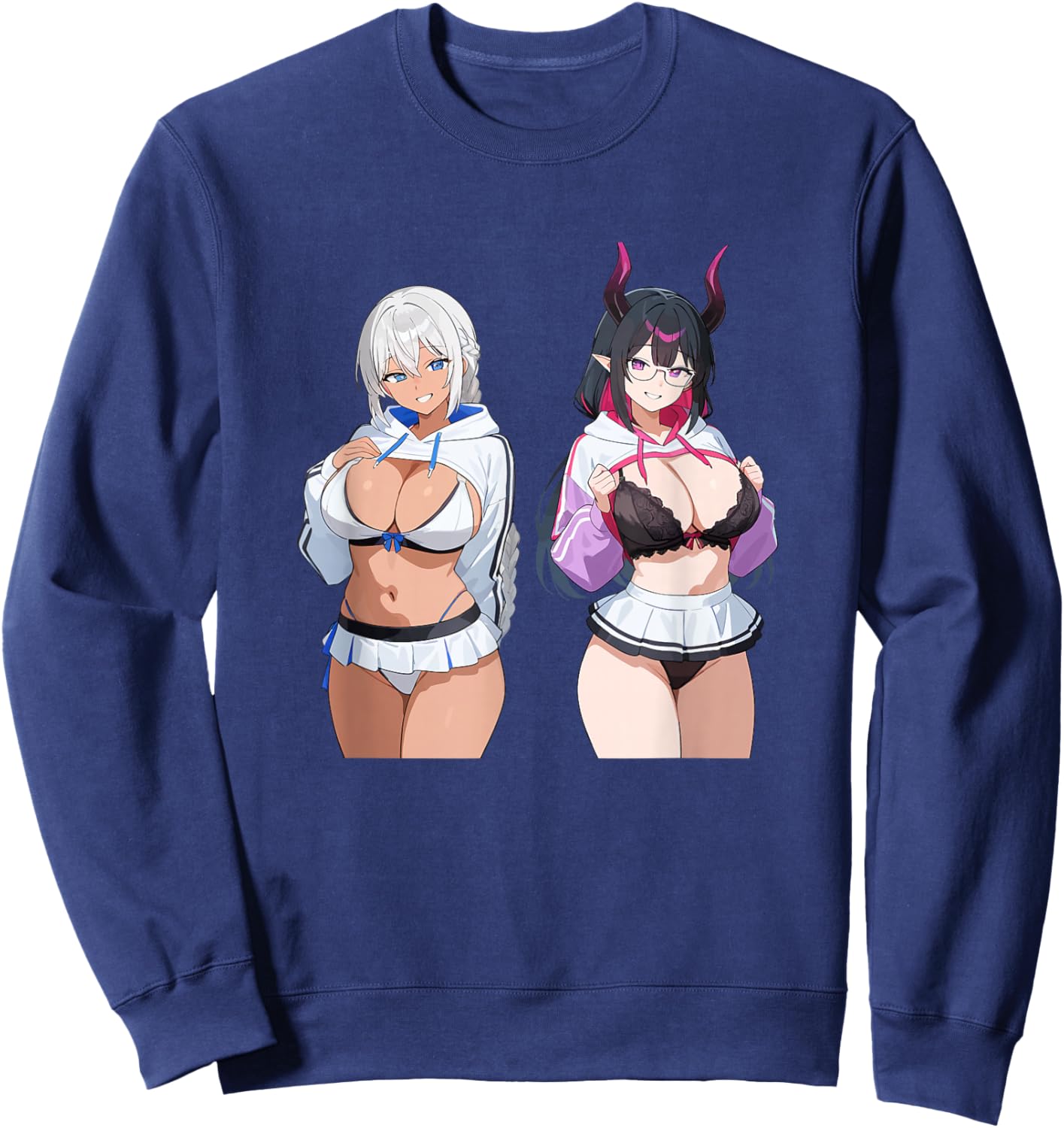 Waifu Sexy Anime Girl Horns Mini Skirt Japanese Retro Art Sweatshirt - Sweatshirt | Navy