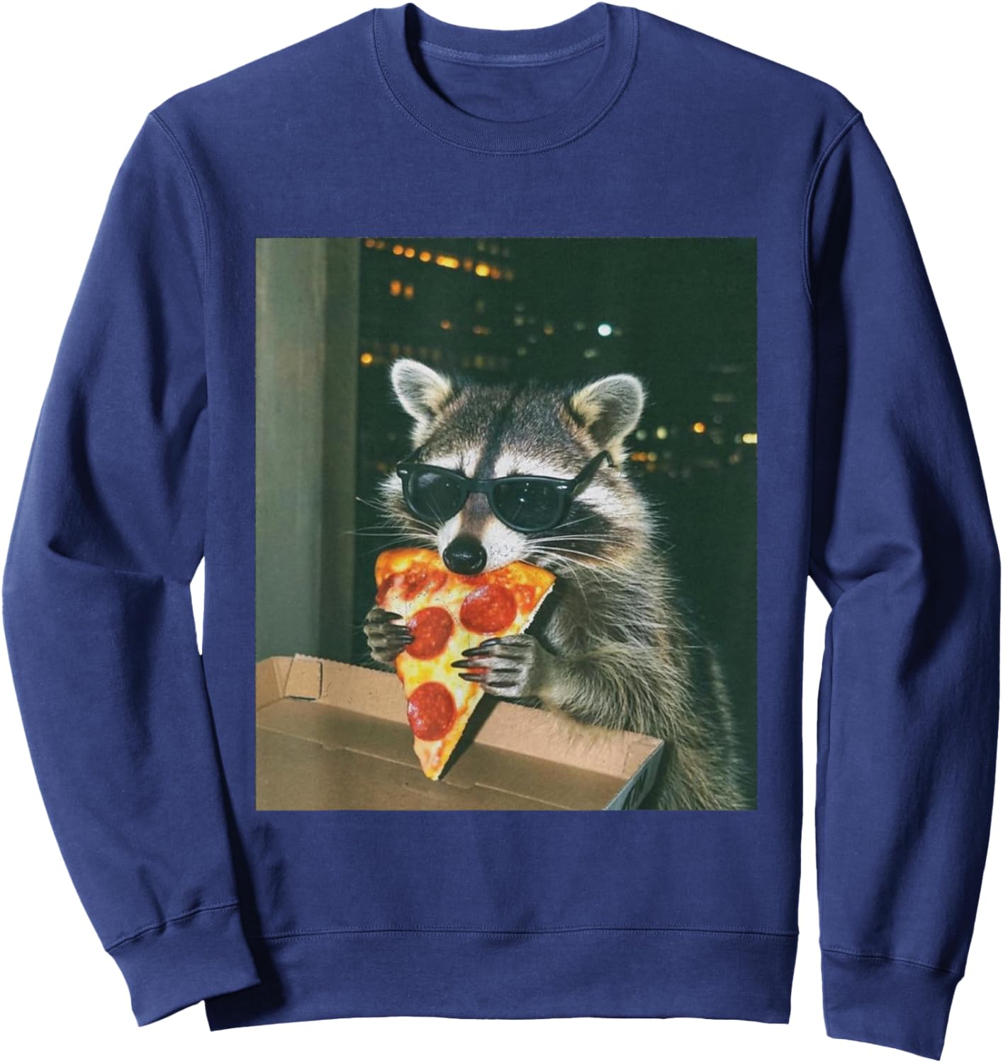 Funny Raccoon Eating Pizza with Sunglasses Sweatshirt - Sweatshirt | Navy