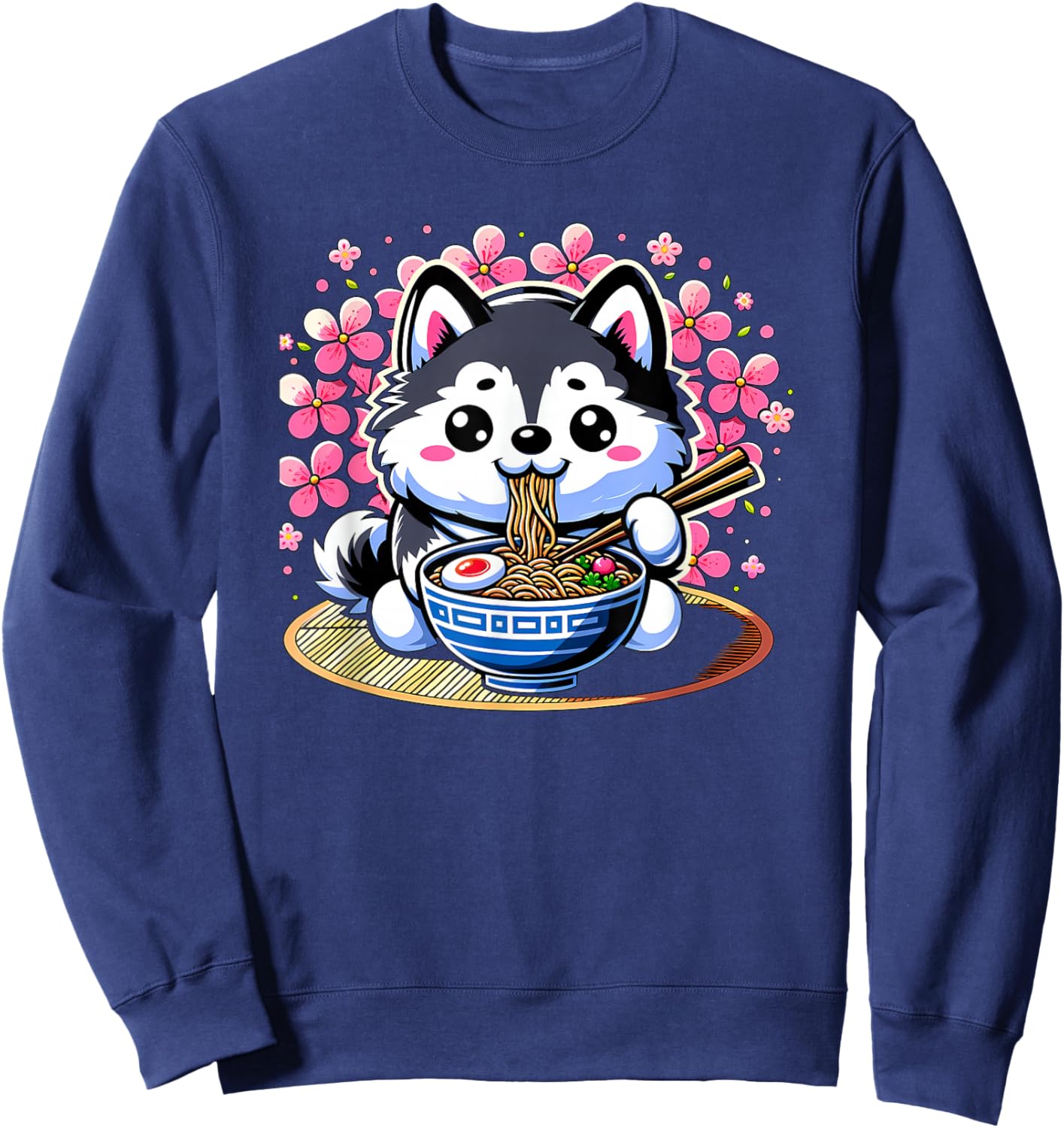 Kawaii Siberian Husky dog Eating Ramen Sweatshirt - Sweatshirt | Navy