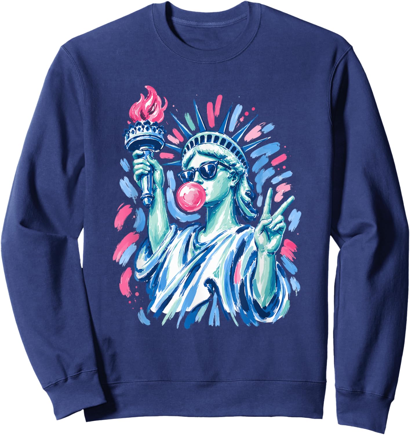 4th of July Preppy Statue of Liberty Blowing Bubble Gum Sweatshirt - Sweatshirt | Navy