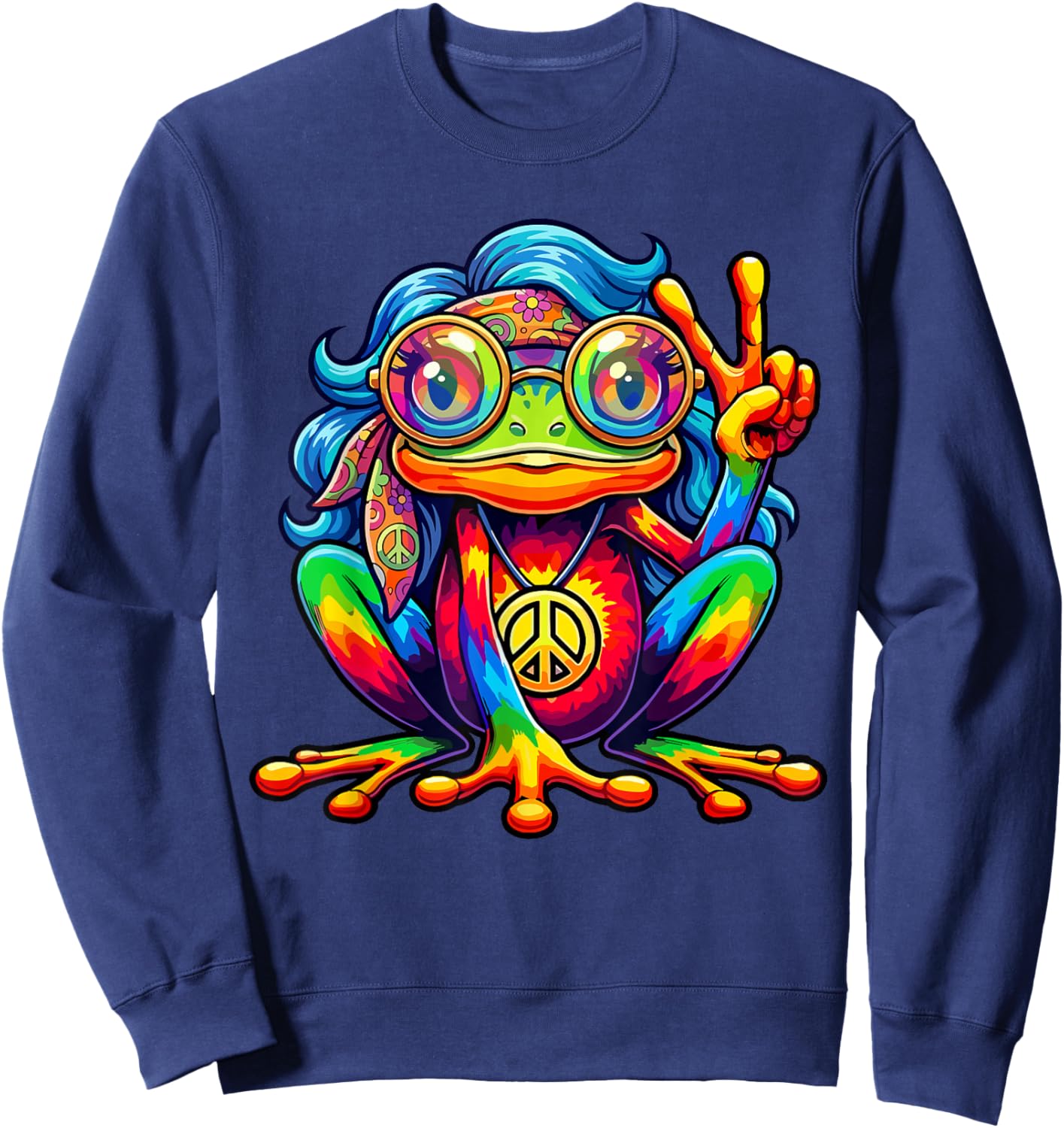Hippie Tie-Dye Frog Girls Women Peace Sign 60s 70s Sweatshirt - Sweatshirt | Navy