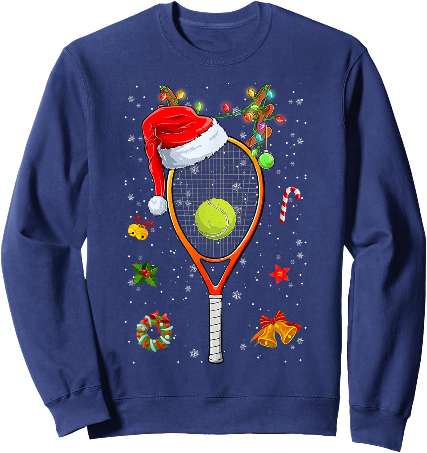 Funny Tennis Racket Reindeer Santa Hat Christmas Lights Xmas Sweatshirt - Sweatshirt | Navy