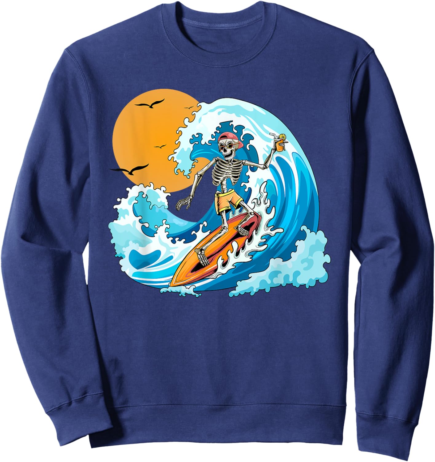 COOL Boy Summer Vacation Skeleton Surfing Hawaii Hawaiian Sweatshirt - Sweatshirt | Navy