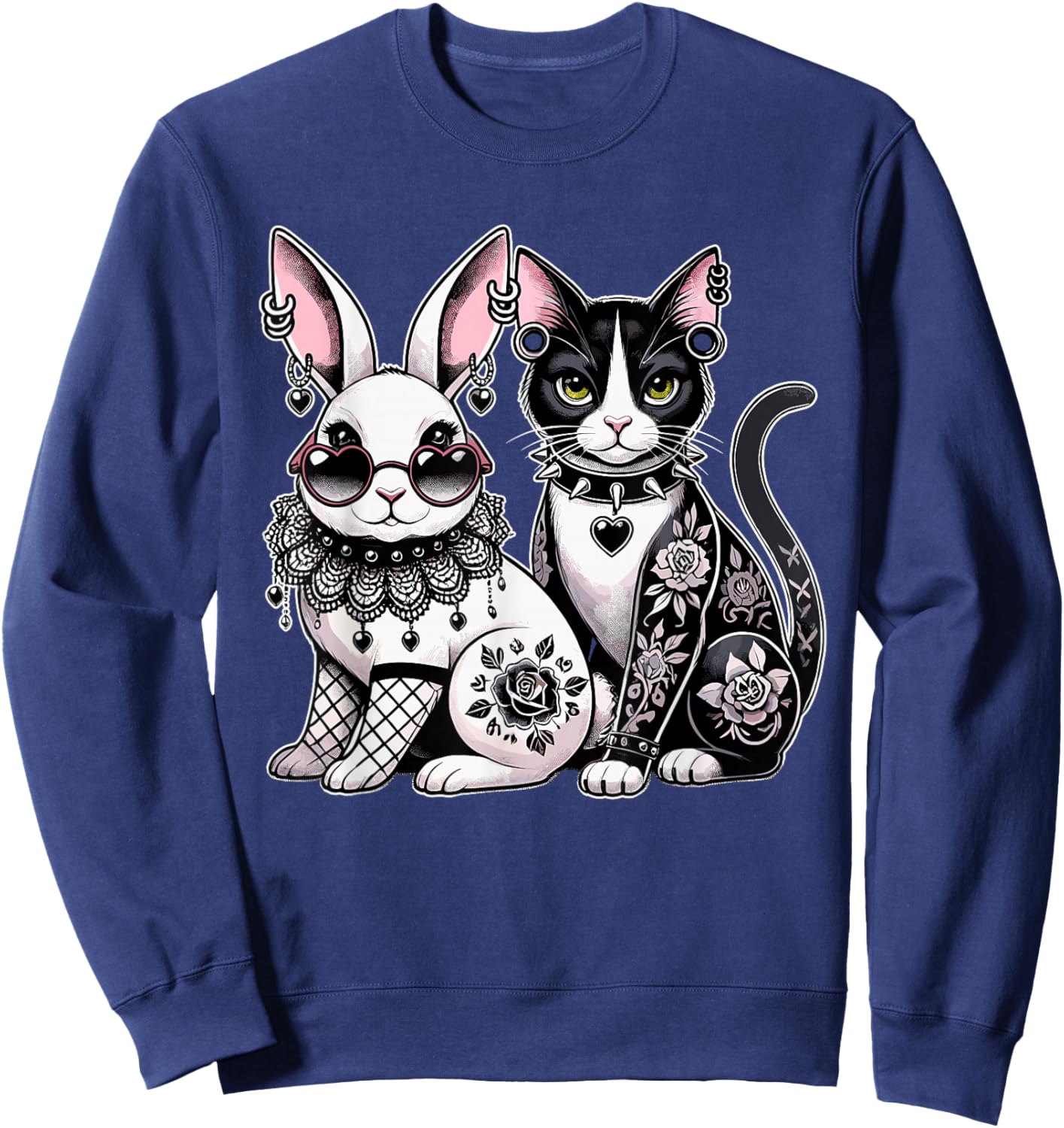 Gothic Punk Cat & Bunny with Tattoos & Piercings Sweatshirt - Sweatshirt | Navy
