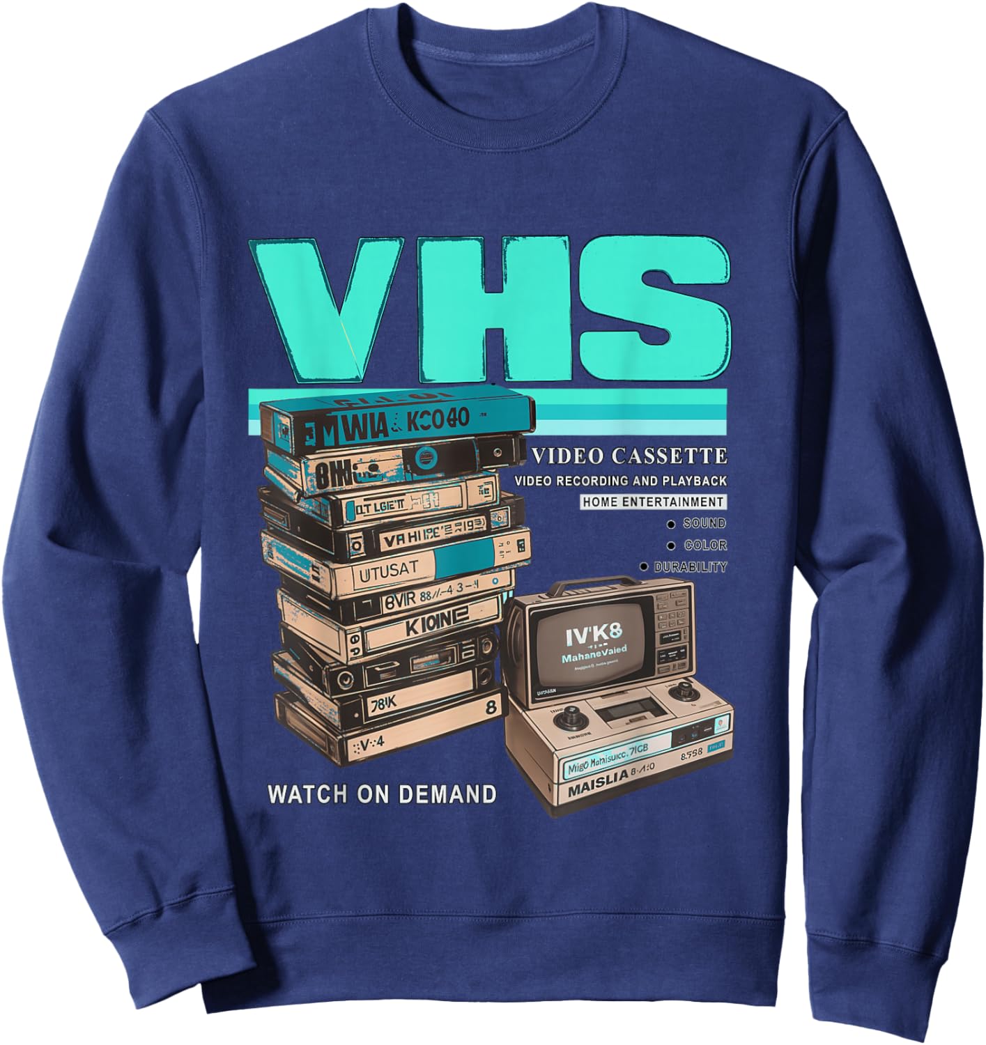 Teal Aqua VHS and Chill Teal Aqua Graphic Sweatshirt - Sweatshirt | Navy