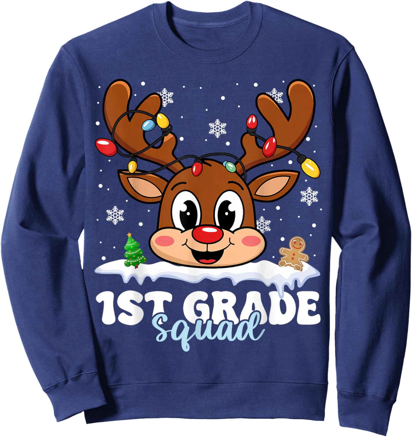 First Grade Squad Teachers Christmas Reindeer Lovers Xmas Sweatshirt - Sweatshirt | Navy