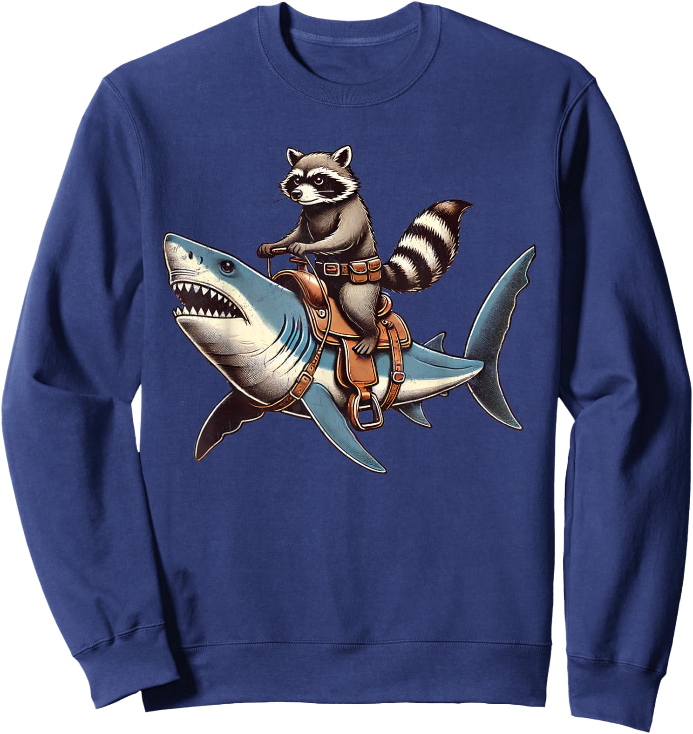 Vintage Raccoon Shark Rider Funny Retro Raccoon Riding Shark Sweatshirt - Sweatshirt | Navy