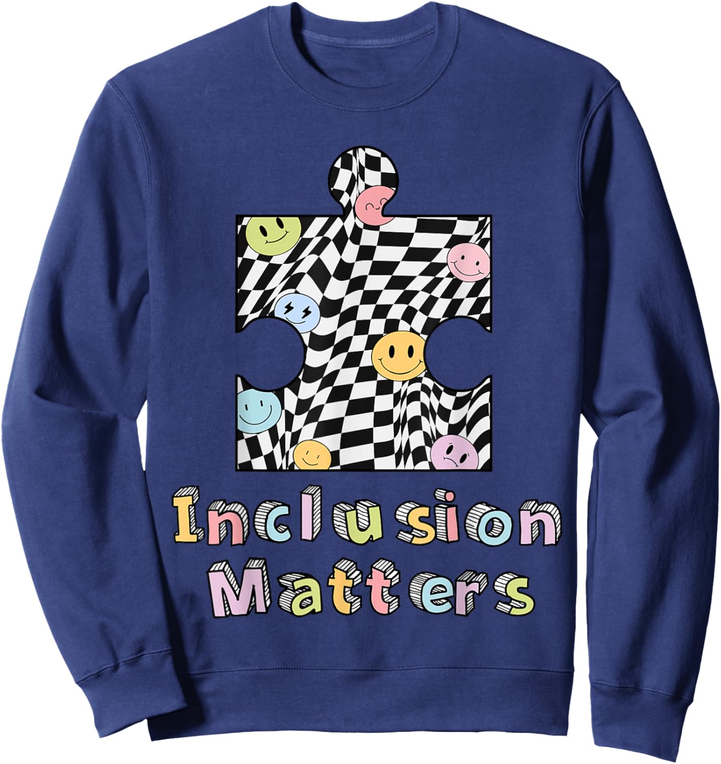 Inclusion Matters Groovy Checkered Puzzle Piece Autism Kids Sweatshirt - Sweatshirt | Navy