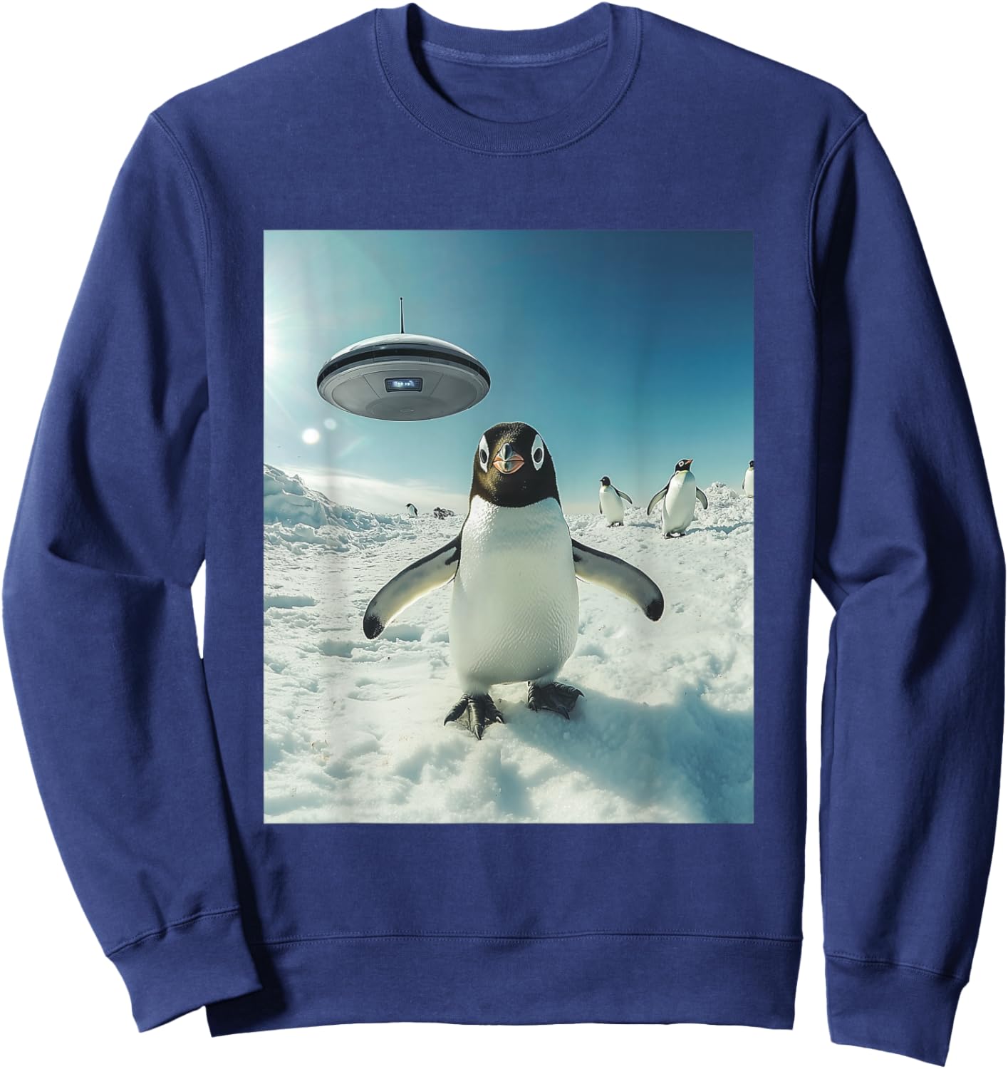 Penguin Bird Selfie with UFOs Aliens Funny Graphic Sweatshirt - Sweatshirt | Navy