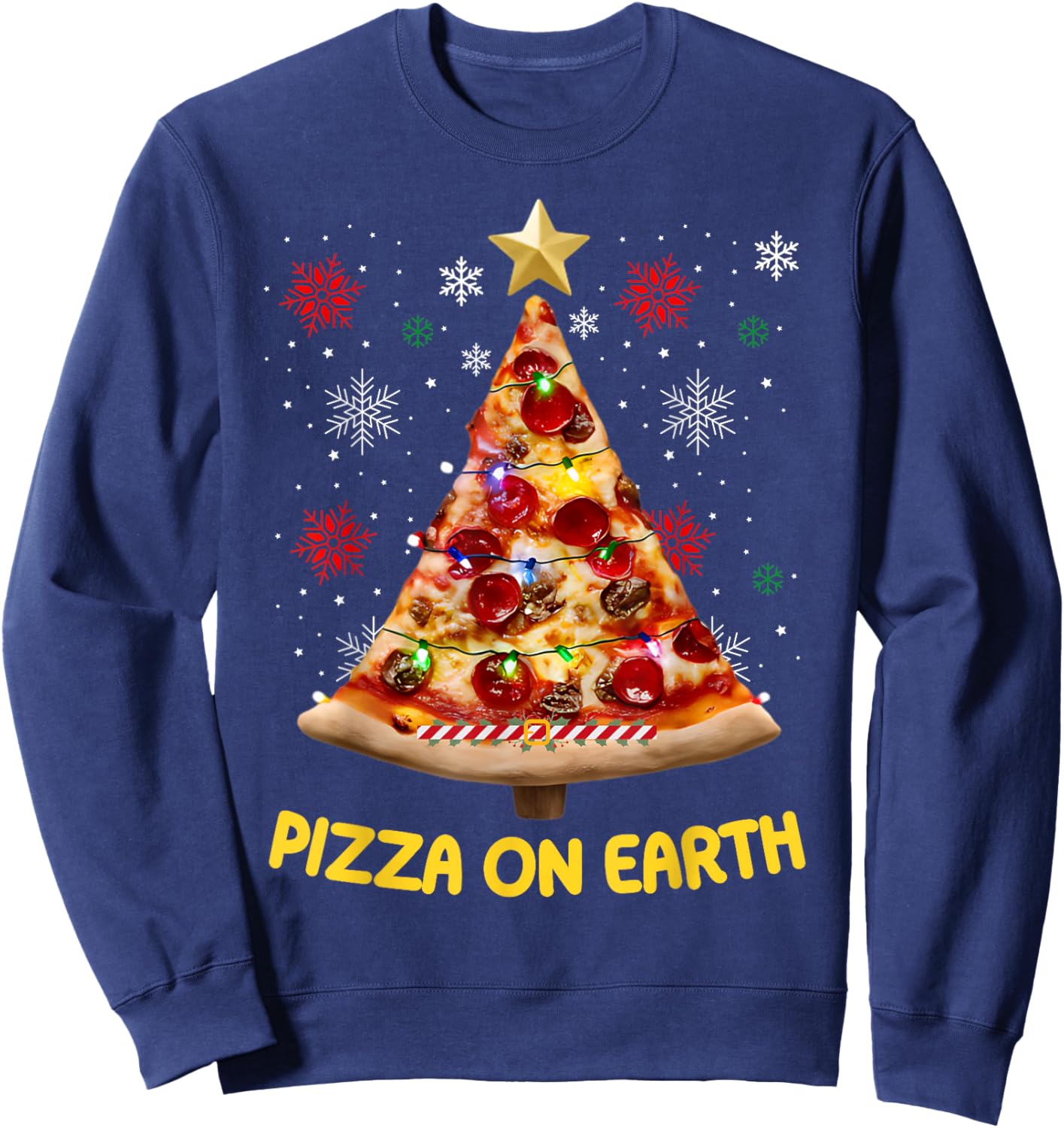 Pizza on Earth Christmas Tree Funny Xmas Pizza Fast Food Sweatshirt - Sweatshirt | Navy