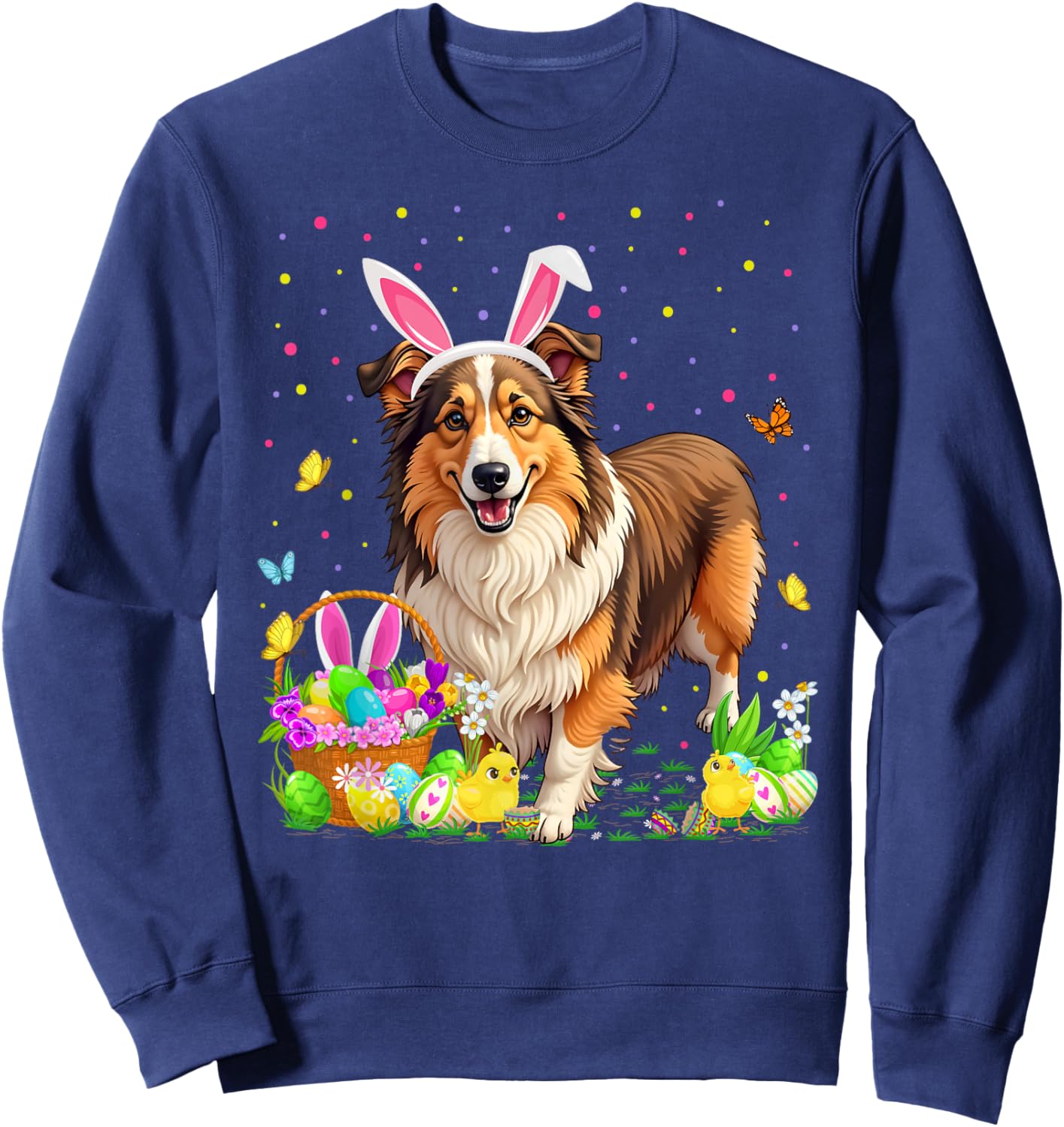 Sheltie Dog Easter Egg Hunt Bunny Ear Sheltie Easter Sweatshirt - Sweatshirt | Navy