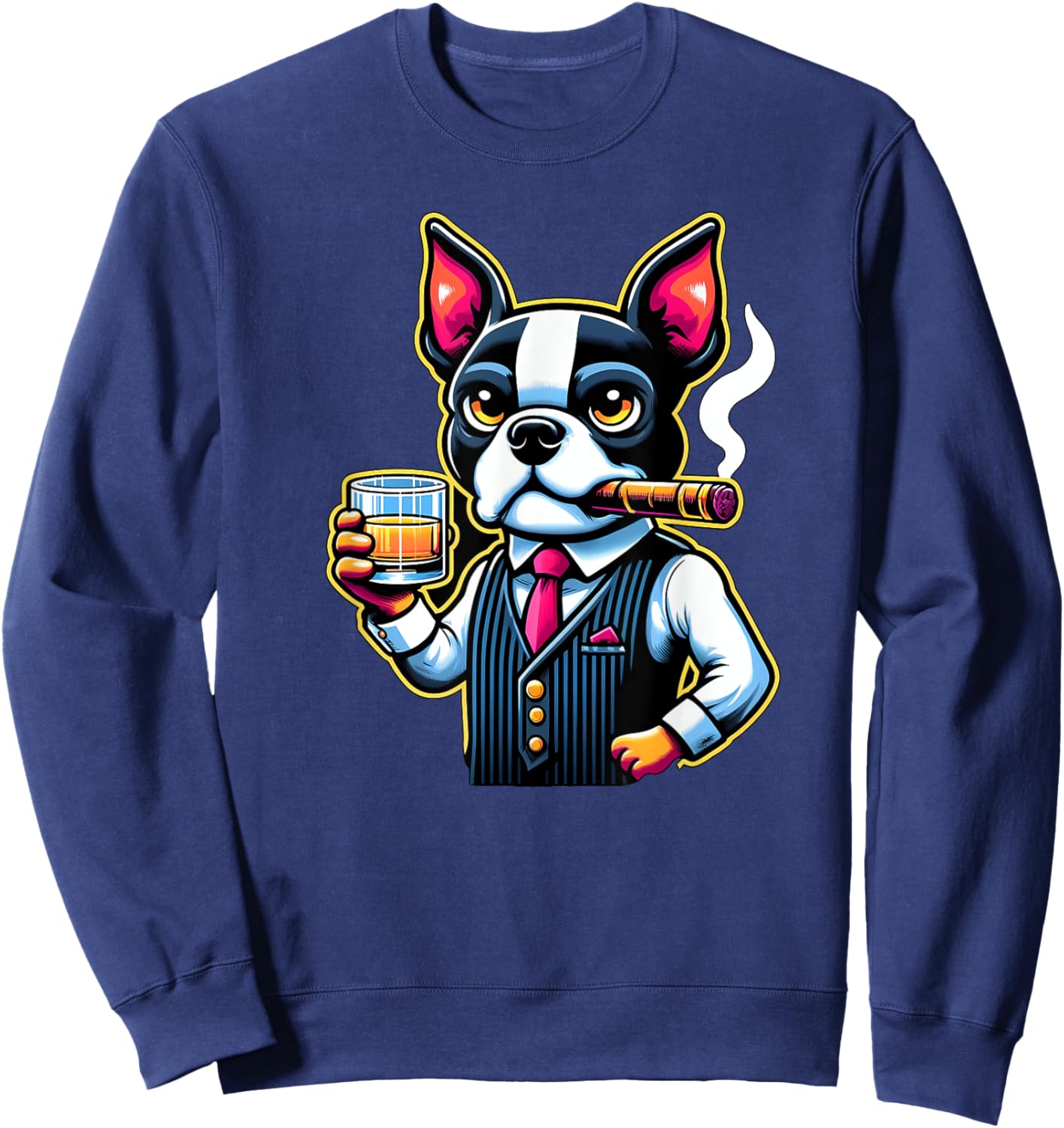 Boston Terrier dog Cigar And Whiskey Men Women Sweatshirt - Sweatshirt | Navy