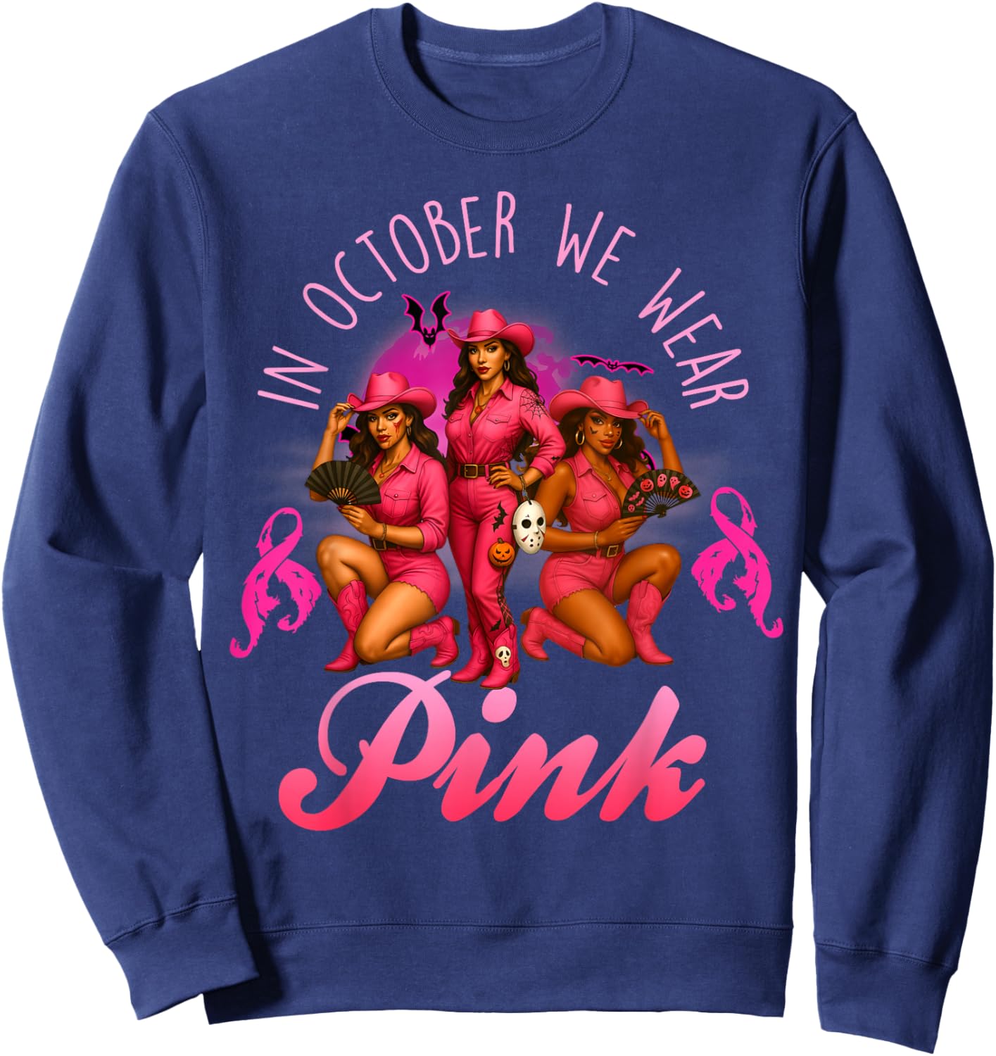 in October We Wear Pink Breast Cancer Halloween Cowgirl Sweatshirt - Sweatshirt | Navy