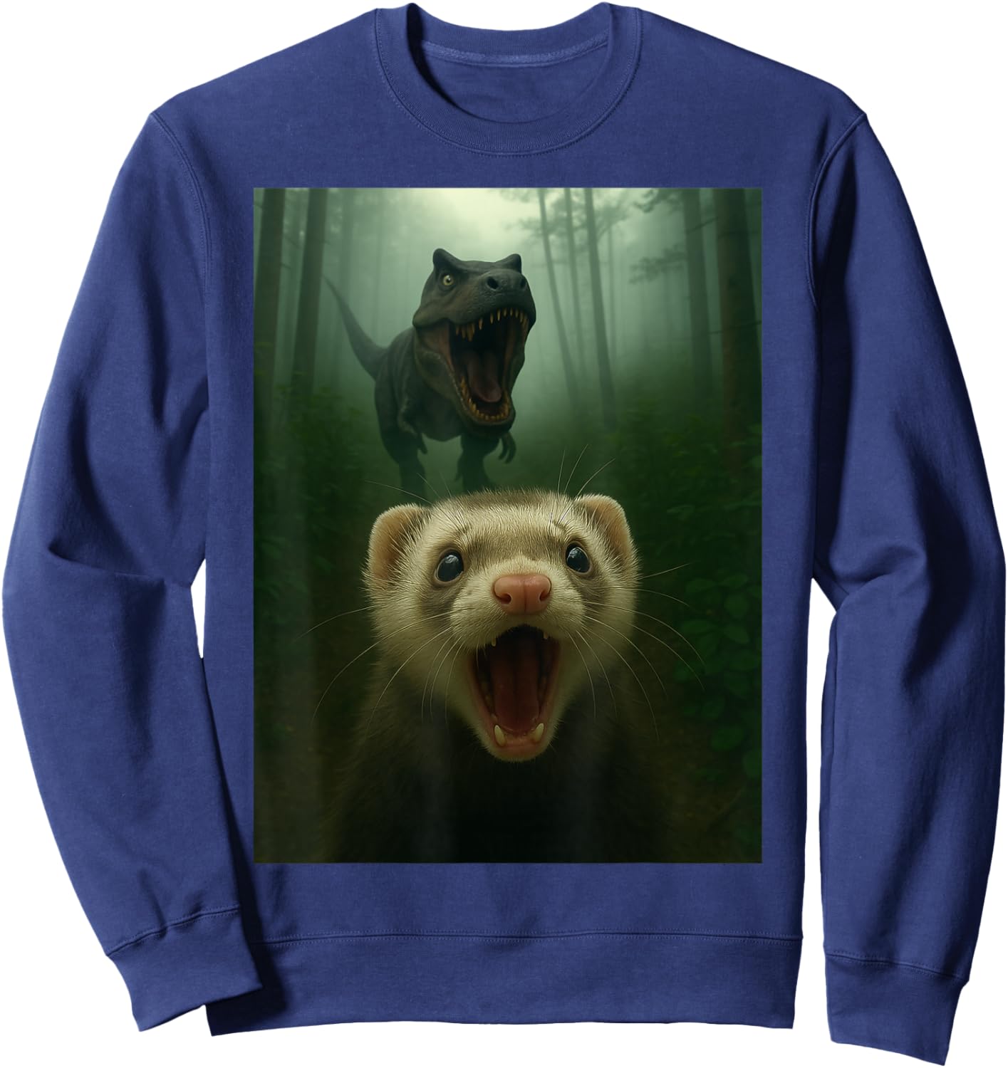 Funny Ferret Selfie with T-Rex Dinosaur Gifts Men Women Kid Sweatshirt - Sweatshirt | Navy