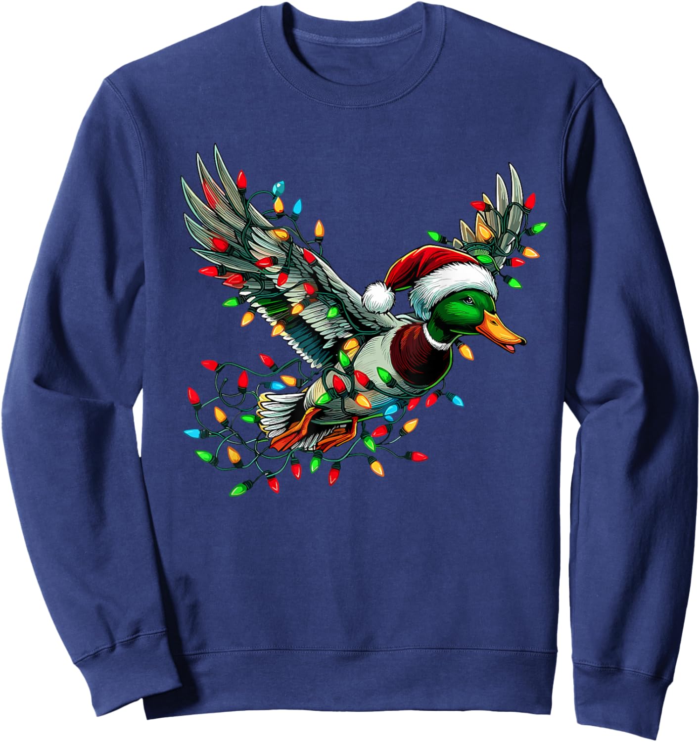Flying Santa Duck with Christmas Lights Hunting Season Sweatshirt - Sweatshirt | Navy
