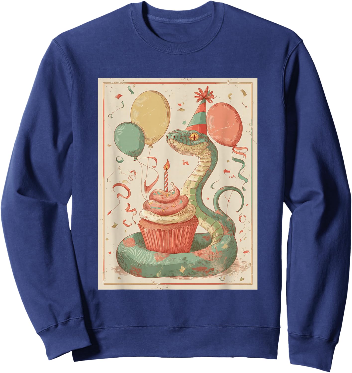 Snake Retro Art Print Birthday Party Balloons & Cupcake Sweatshirt - Sweatshirt | Navy